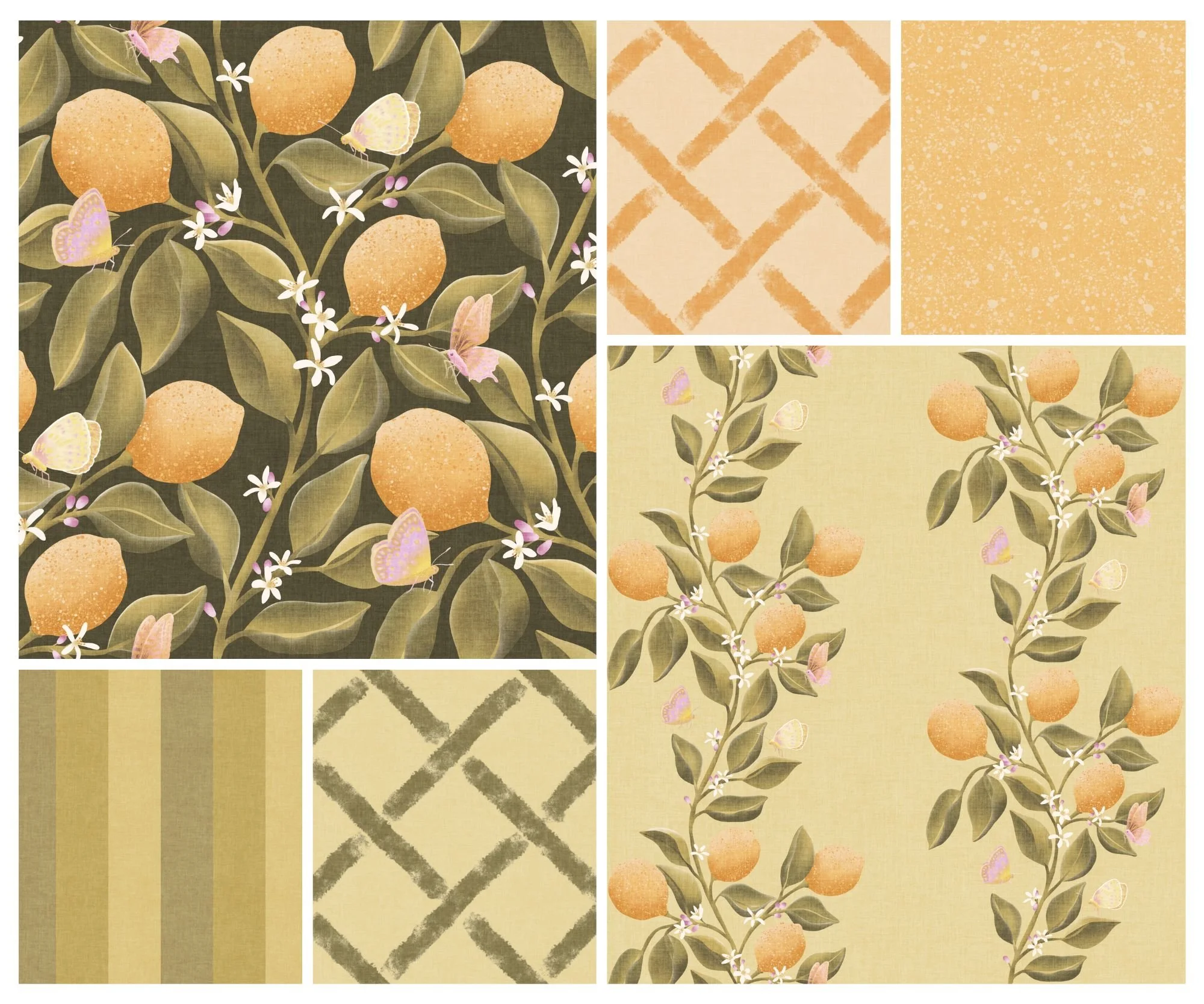 Collage of Lemon Tree Garden by Aitch Jay Designs — coordinated citrus‑botanical patterns featuring lemons, butterflies, florals, lattice, stripes and textured prints in warm, sunlit tones.