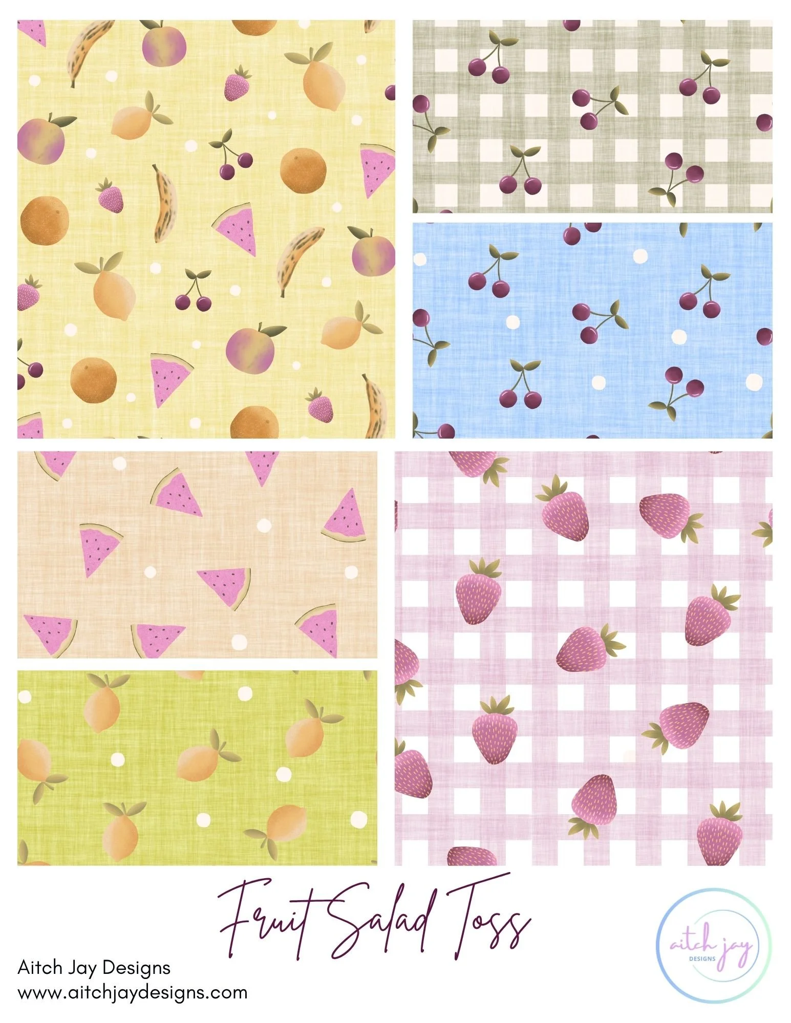 Fruit Salad Toss Pattern Design Collection - A bright, playful fruit‑themed fabric collection featuring peaches, strawberries, cherries, lemons, bananas, oranges and watermelon across coordinating checks, dots and colourways. This collection blends r