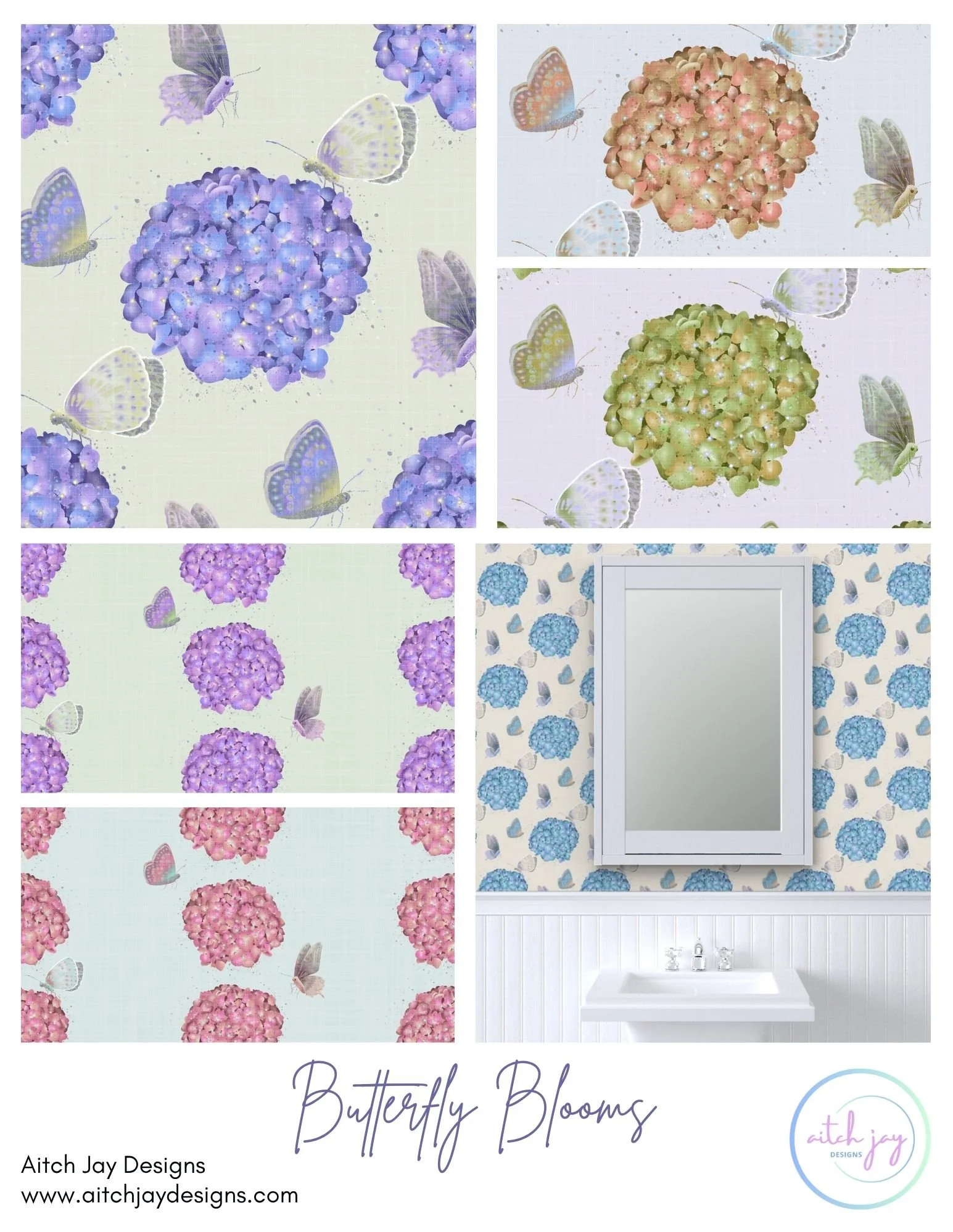 Butterfly Blooms Pattern Design Collection - A soft, romantic floral wallpaper collection featuring hydrangea blooms and delicate butterflies across pastel backgrounds including lavender, blush, sky blue, mint and peach. Designed for interior designe
