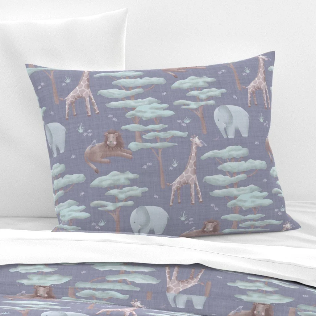 A pillow with a pattern of giraffes, elephants, lions, clouds, and trees on a purple background.