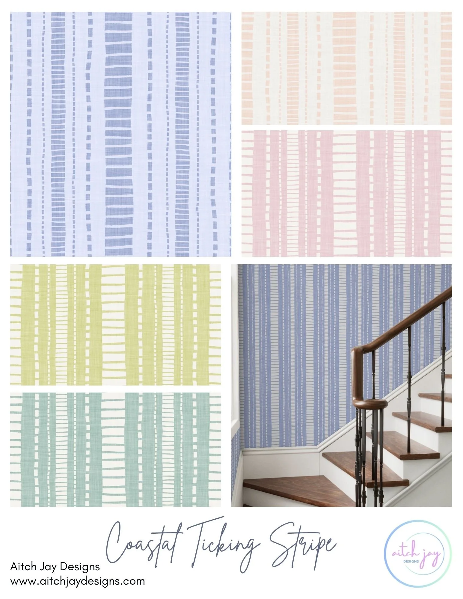 Coastal Ticking Stripe Pattern Design Collection - A modern coastal ticking stripe collection featuring clean vertical lines in a large range of colors. The subtle broken‑line texture adds depth while keeping the design timeless and versatile. Ideal 