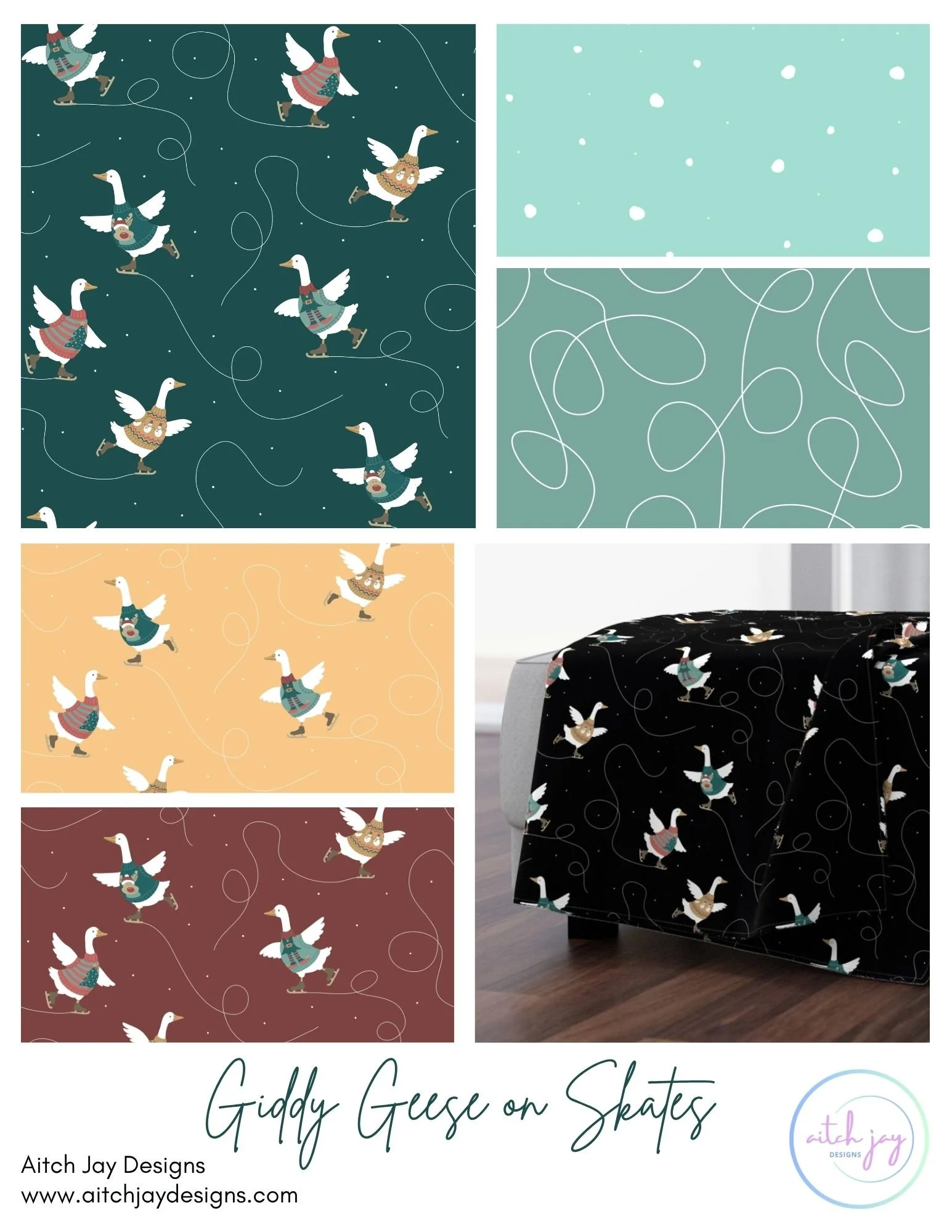 Giddy Geese on Skates Pattern Design Collection - A whimsical winter collection featuring charming geese in cosy scarves and sweaters gliding across swirling, snow‑dusted backgrounds. Offered in rich seasonal colourways—dark teal green, mint, sage, g