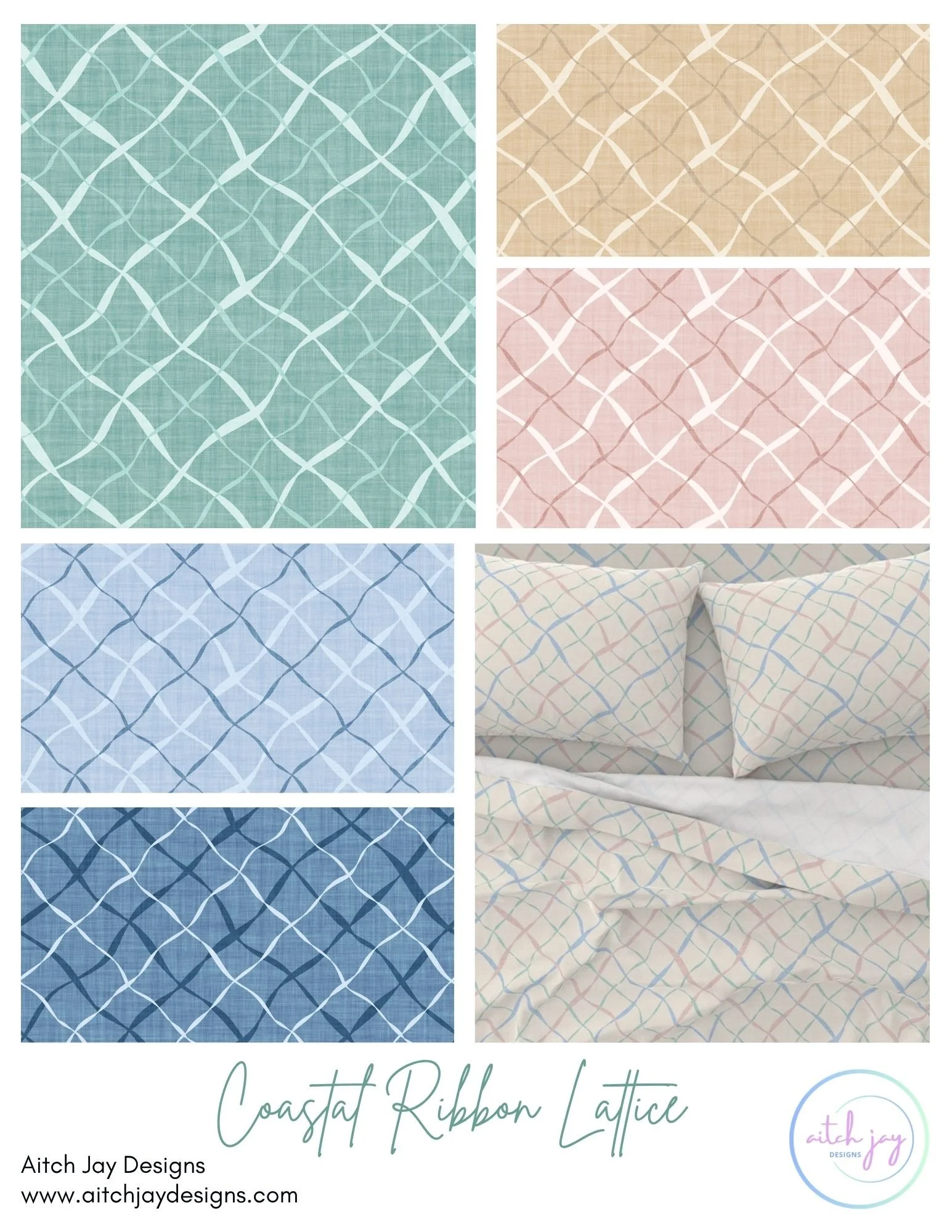 Coastal Ribbon Lattice Pattern Design Collection - A fresh, modern coastal collection featuring a soft ribbon‑lattice motif in a range of airy colourways including teal, tan, pink, light blue and deep ocean blue. The gentle curved‑line geometry creat