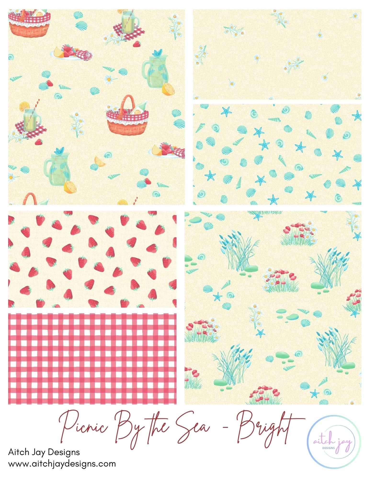 Picnic By the Sea Pattern Design Collection – A cheerful coastal picnic collection bursting with bright summer colour. Featuring picnic baskets, lemonade jars, seashells, starfish, strawberries, florals and classic red gingham, this collection blends