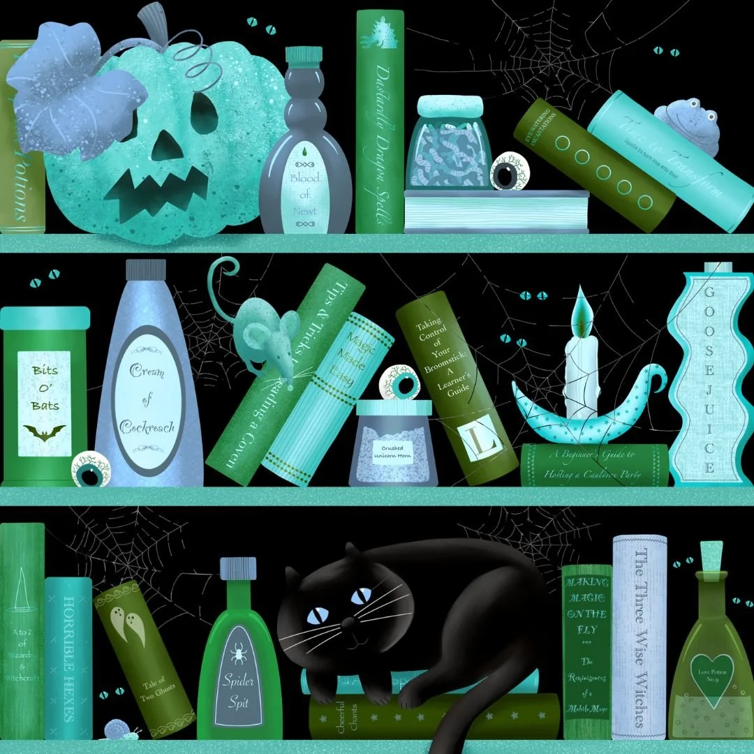 A stylized Halloween bookshelf pattern filled with spell books, potion bottles, candles, a pumpkin, a black cat, and magical objects in teal and green tones, creating a whimsical spooky look.
