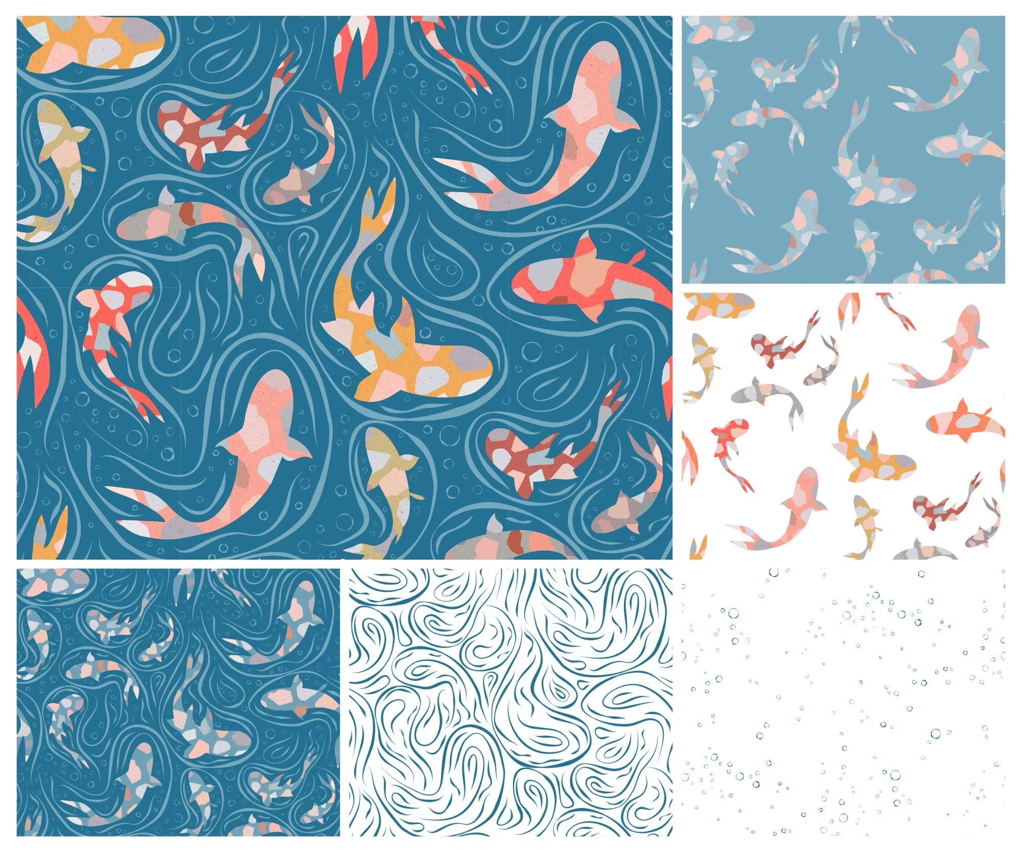 Koi fish swimming in water with swirling currents, depicted in a stylized, digital art style with pastel colors.
