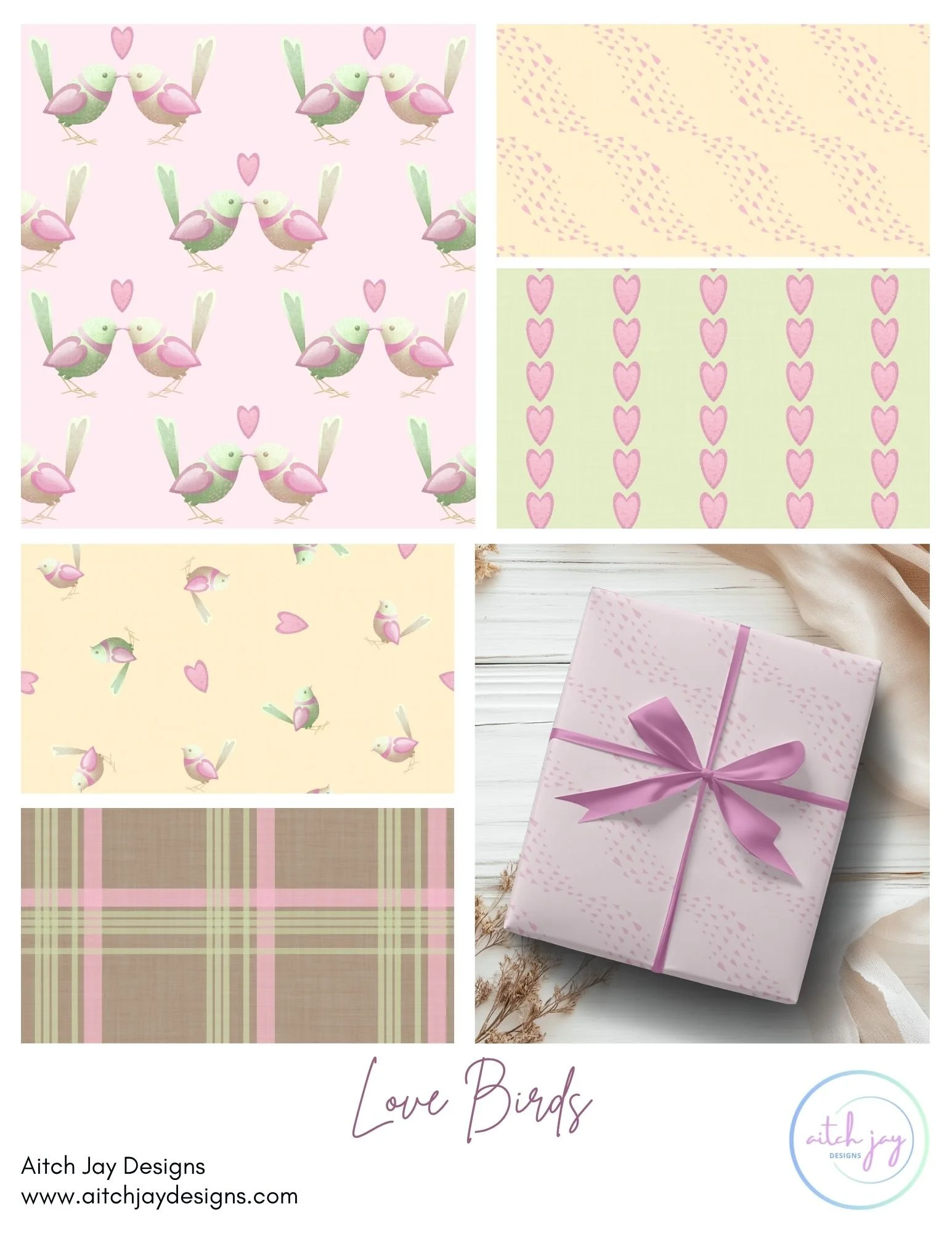 Love Birds Pattern Design Collection - A sweet, romantic collection featuring stylised love birds, heart stripes, flowing hearts and coordinating ginghams and plaids in a warm palette of pink, green, yellow and brown. The mix of whimsical motifs, del