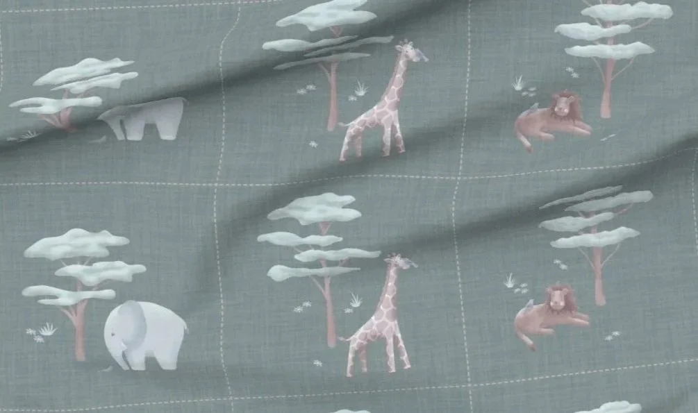 Fabric with a pattern of elephants, giraffes, trees, clouds, and butterflies in soft pastel colors.