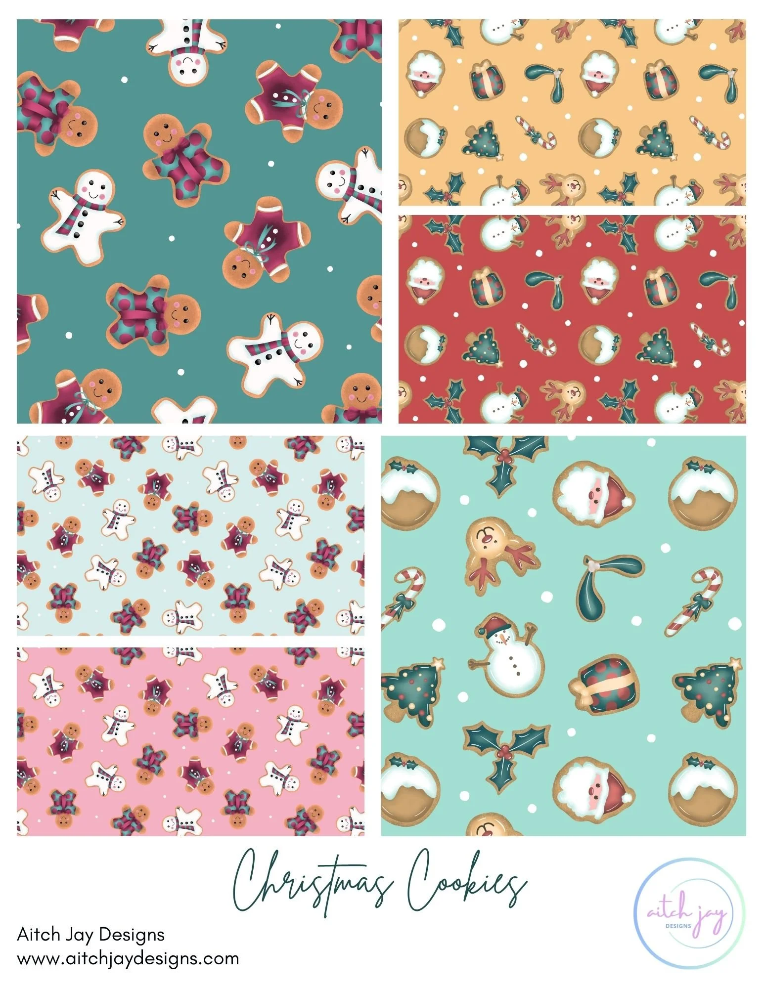 Christmas Cookies Pattern Design Collection  - A joyful holiday collection bursting with festive cookie motifs including gingerbread men, snowmen, Christmas trees, candy canes, puddings, holly, Santa faces and gift boxes. Bright backgrounds in teal, 