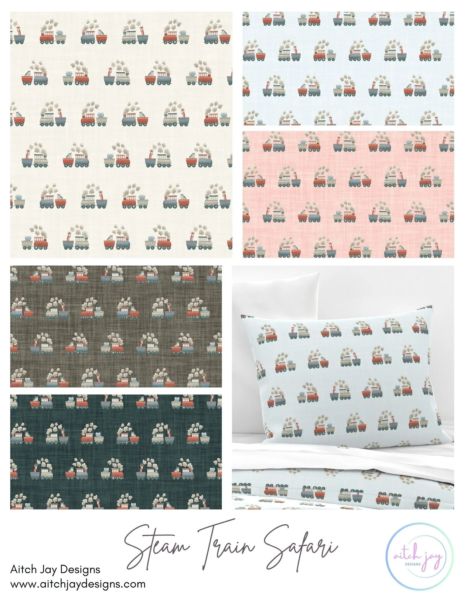 Steam Train Safari Pattern Design Collection - A playful, storybook‑style collection featuring whimsical steam trains carrying friendly safari animals: giraffes, elephants and zebras. Offered in a range of soft, child‑friendly colourways—cream, light