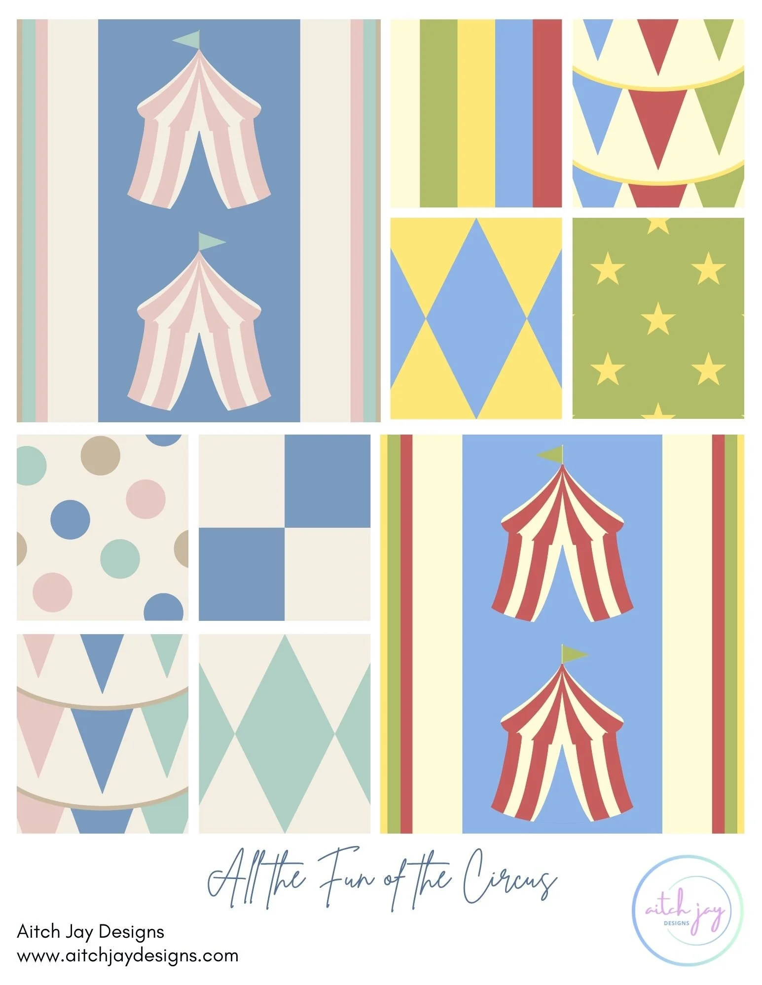 All the Fun of the Circus Pattern Design Collection - a joyful, storybook‑inspired collection bursting with playful tents, bunting, diamonds, stars, and classic circus stripes. Hand‑drawn motifs dance across both bright and coastal palettes, blending