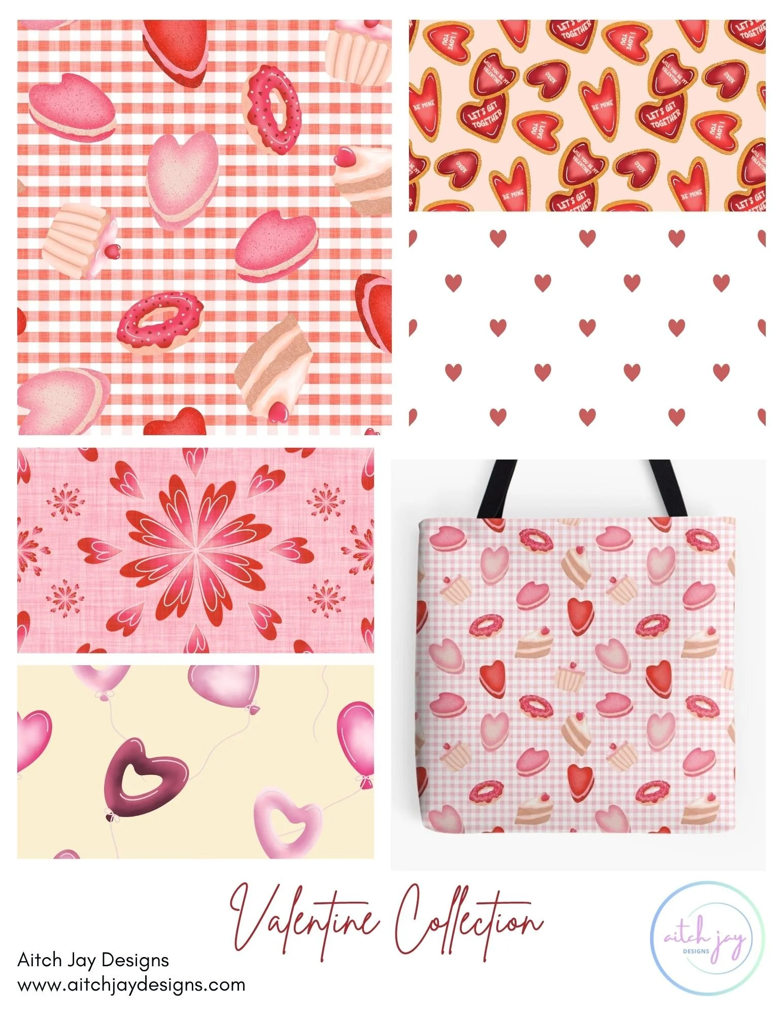 Valentine Pattern Design Collection - A charming Valentine’s Day collection featuring sweet motifs such as gingham sweet treats, candy hearts, tiny scattered hearts and heart-shaped balloons. The tote bag mock‑up highlights its versatility for gifts,
