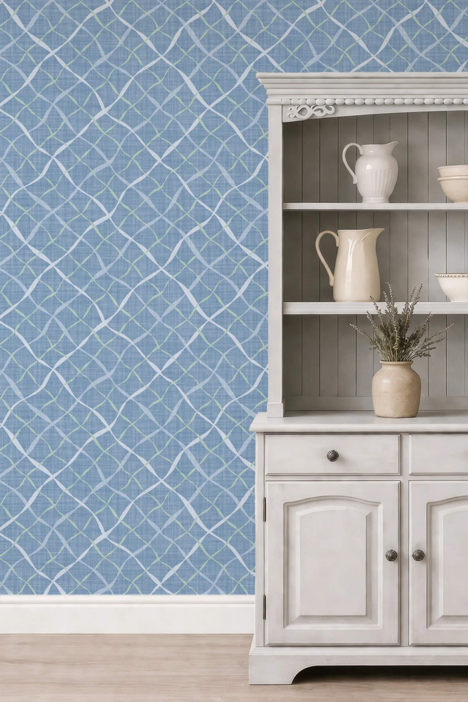 Ribbon Lattice by Aitch Jay Designs — blue‑green geometric lattice wallpaper with interwoven curved lines, adding a fresh modern‑coastal look to kitchen and dining interiors.
