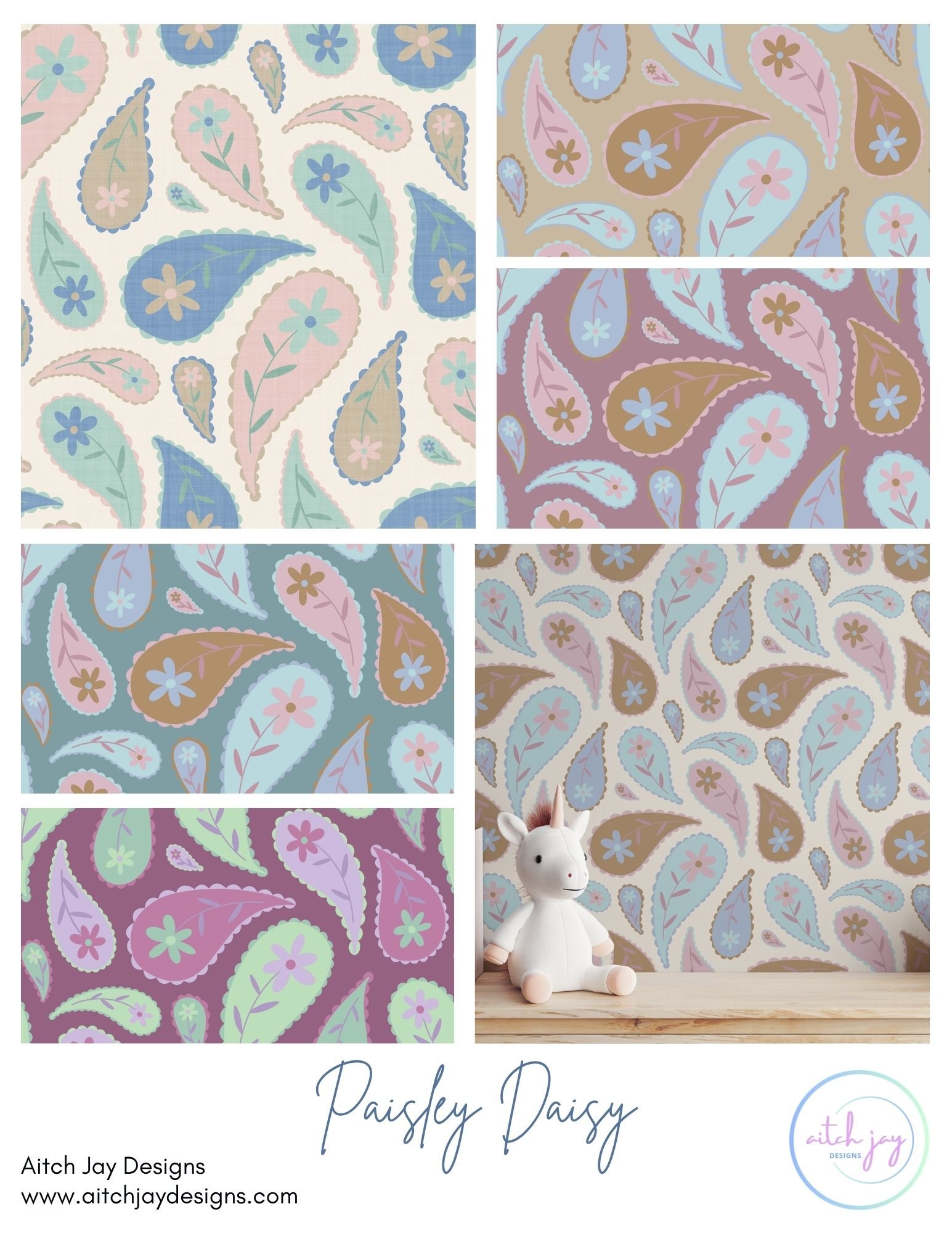 Paisley Daisy Pattern Design Collection - A joyful fusion of classic paisley motifs and cheerful daisy florals, offered in a range of soft pastel and earthy palettes including blue, pink, green, tan and purple. This versatile collection suits apparel