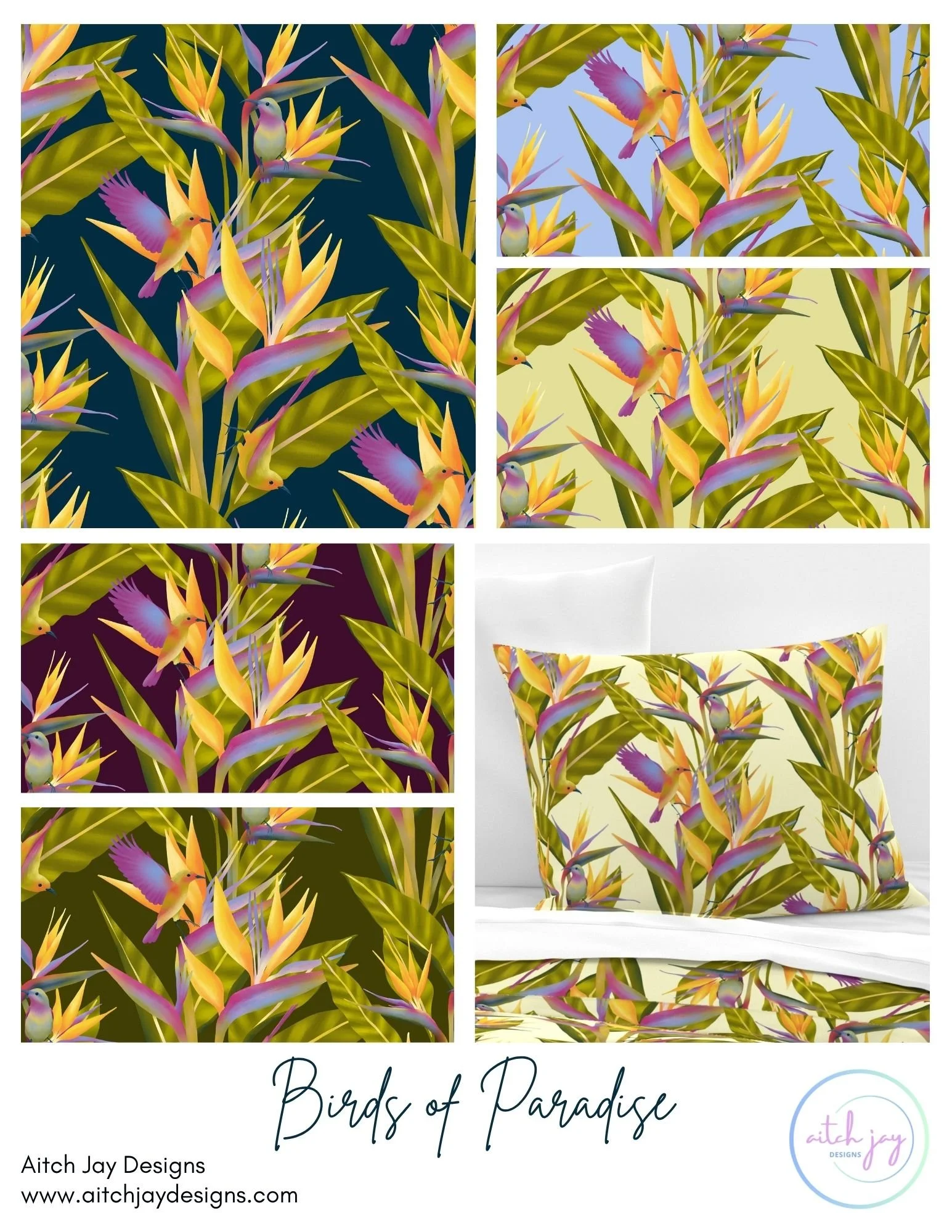 Birds of Paradise Pattern Design Collection - A vibrant tropical collection featuring bold Birds of Paradise flowers and hummingbirds across lush colourways including navy, sky blue, very pale green, burgundy, cream and olive. The rich botanical deta