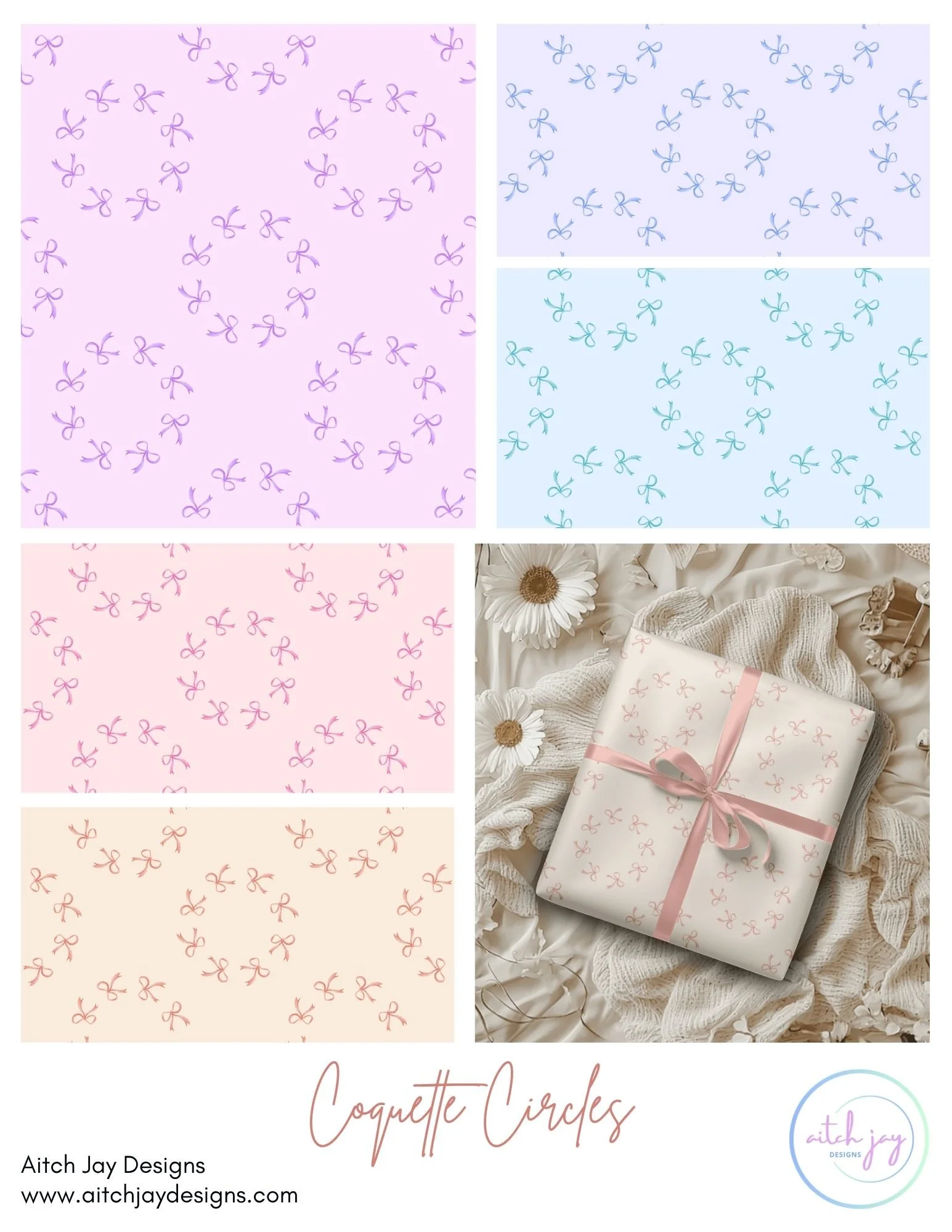 Coquette Circles Pattern Design Collection –
A soft, feminine pastel collection featuring delicate bow motifs arranged in charming circular repeats across multiple colourways. Coquette Circles blends trending coquette‑core aesthetics with clean, mode
