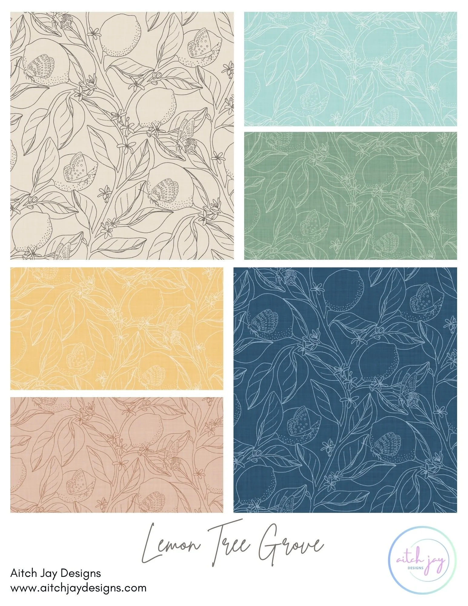 Lemon Tree Grove Pattern Design Collection – A delicate botanical linework collection featuring hand‑drawn lemons, leafy branches and fluttering butterflies, offered in a versatile range of colourways to suit any aesthetic or creative project. Lemon 