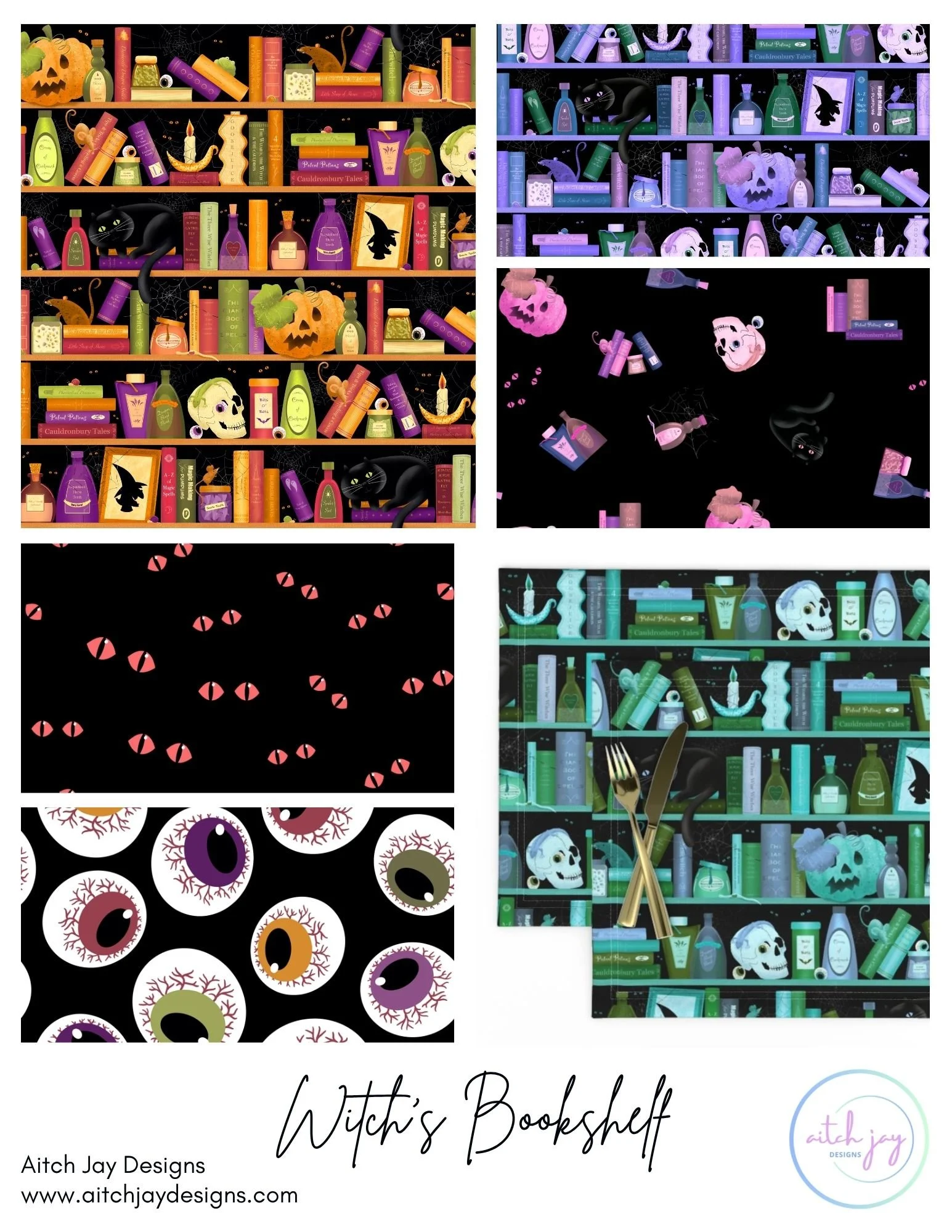 Witch’s Bookshelf Pattern Design Collection - A magical, Halloween‑inspired collection featuring shelves filled with spell books, potions, candles, pumpkins, skulls, black cats and mystical curiosities. Coordinating patterns include stylised eyes and