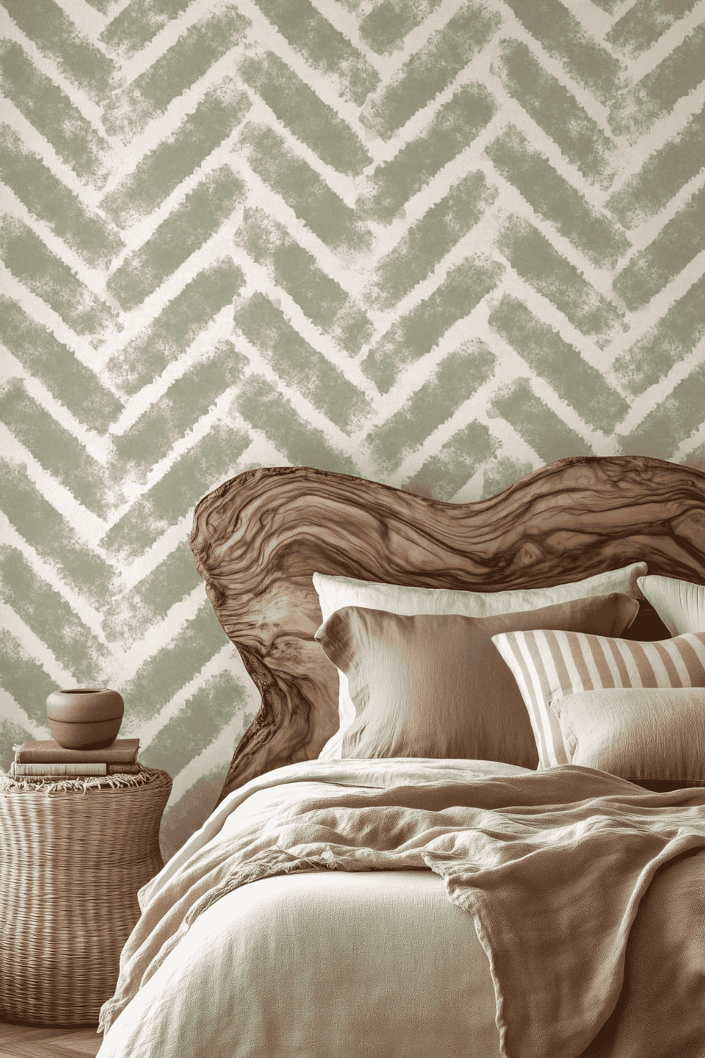 The image depicts a serene bedroom interior with a natural, earthy aesthetic.  The wallpaper is a muted sage and white chevron design, adding subtle visual interest and texture.