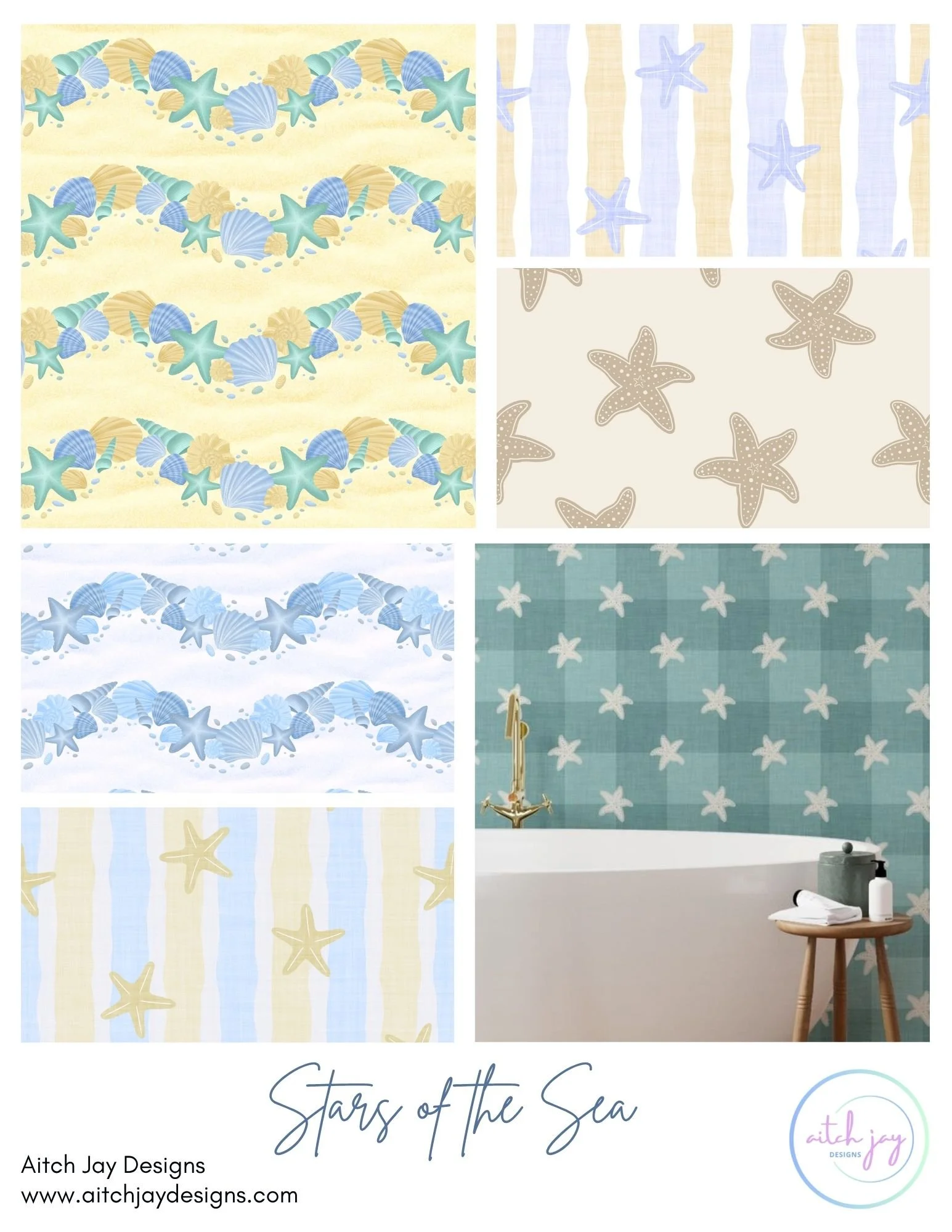 Stars of the Sea Pattern Design Collection - A serene coastal collection featuring starfish, seashells and soft shoreline textures in calming colorways. The mix of wavy lines, shell motifs and gentle coastal palettes creates a soothing beach‑house ae