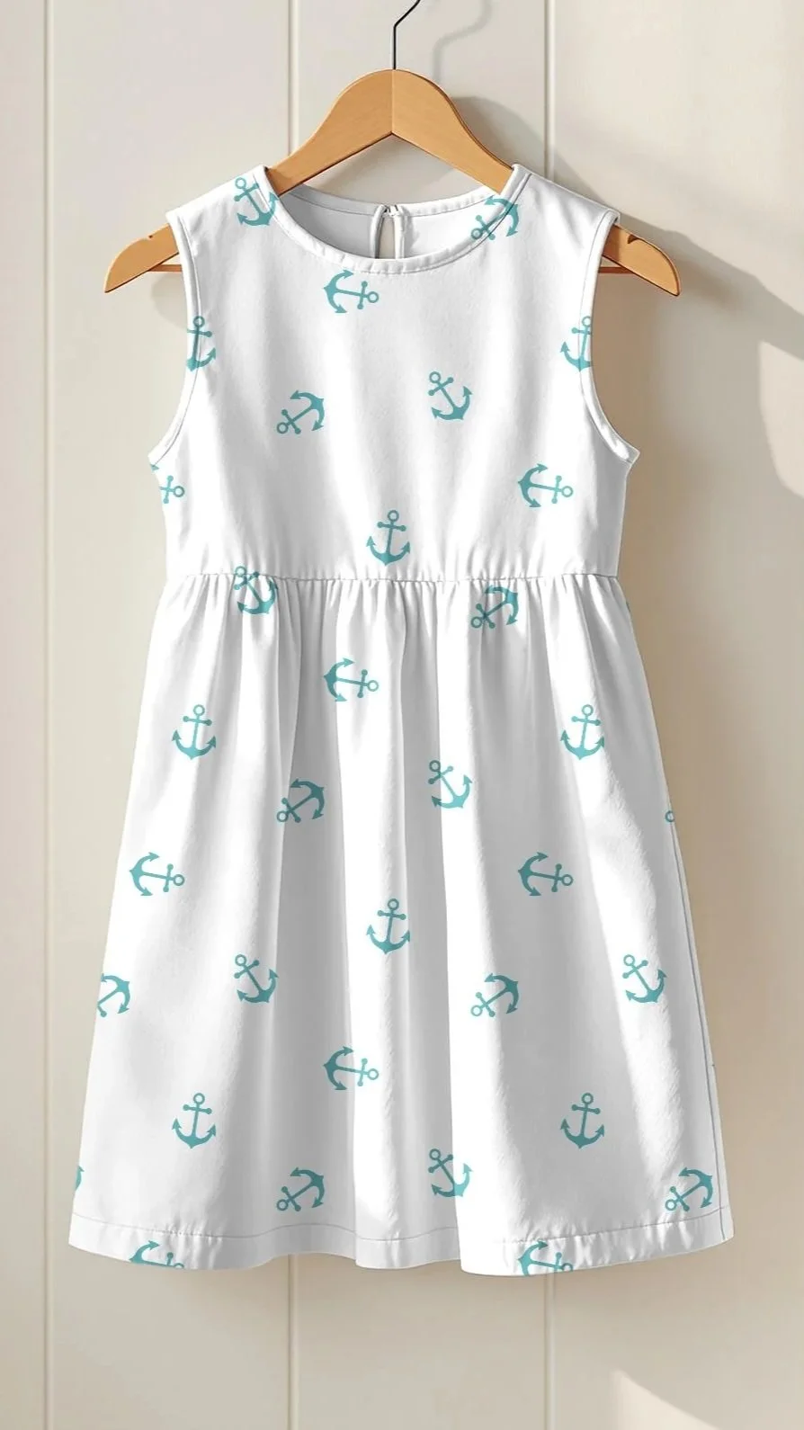 Sail Away Storybook Collection by Aitch Jay Designs — turquoise tossed anchor repeat on white fabric, shown on a sleeveless children’s dress for a sweet, nautical summer style.