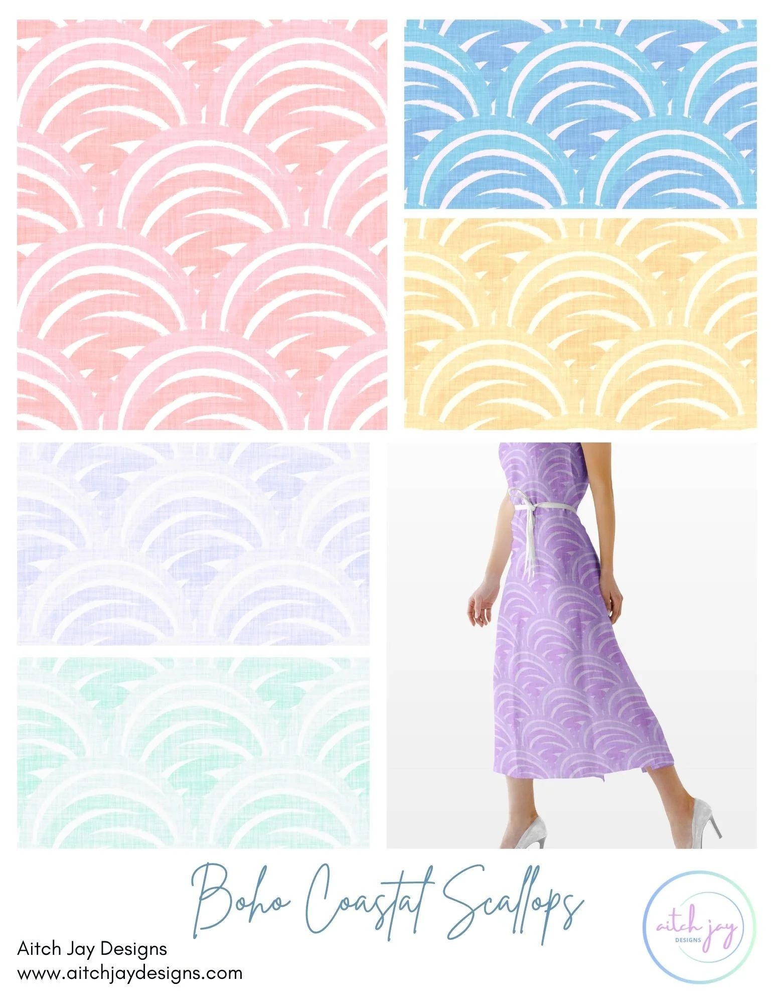 Boho Coastal Scallops Pattern Design Collection - A soft, coastal‑inspired collection featuring overlapping scallop motifs in pastel pink, blue, yellow, lavender and mint on textured linen‑style backgrounds. The flowing curves evoke ocean waves and s