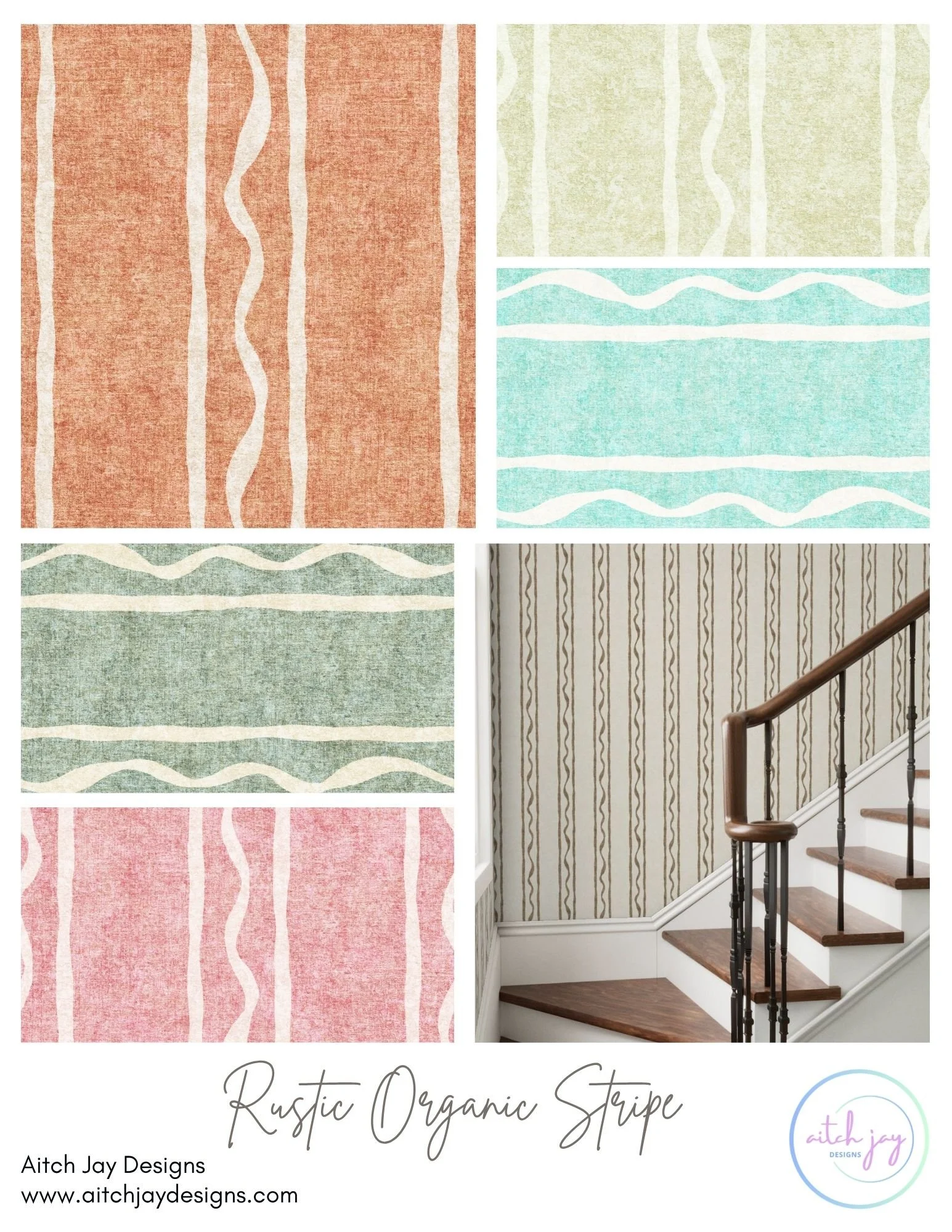 Rustic Organic Stripe Pattern Design Collection - a naturally textured linework collection featuring hand‑drawn vertical stripes that blend gentle waviness with structured rhythm. Each colourway brings its own mood—from warm terracotta to calming sag
