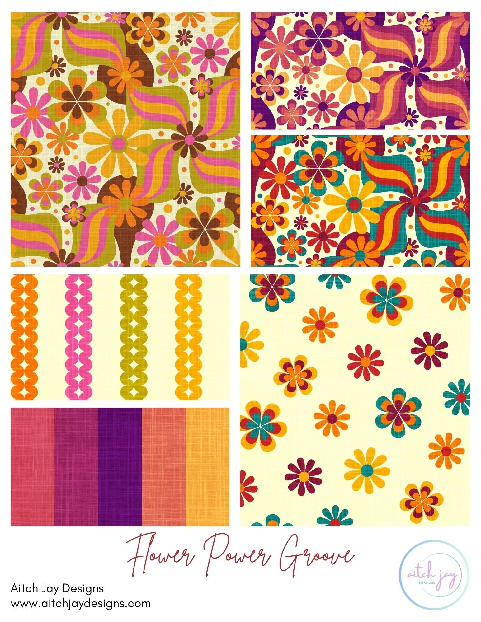 Flower Power Groove Pattern Design Collection – A vibrant retro collection inspired by 60s and 70s flower‑power aesthetics, featuring bold floral motifs, wavy geometric shapes and groovy psychedelic repeats in a lively palette of orange, pink, yellow