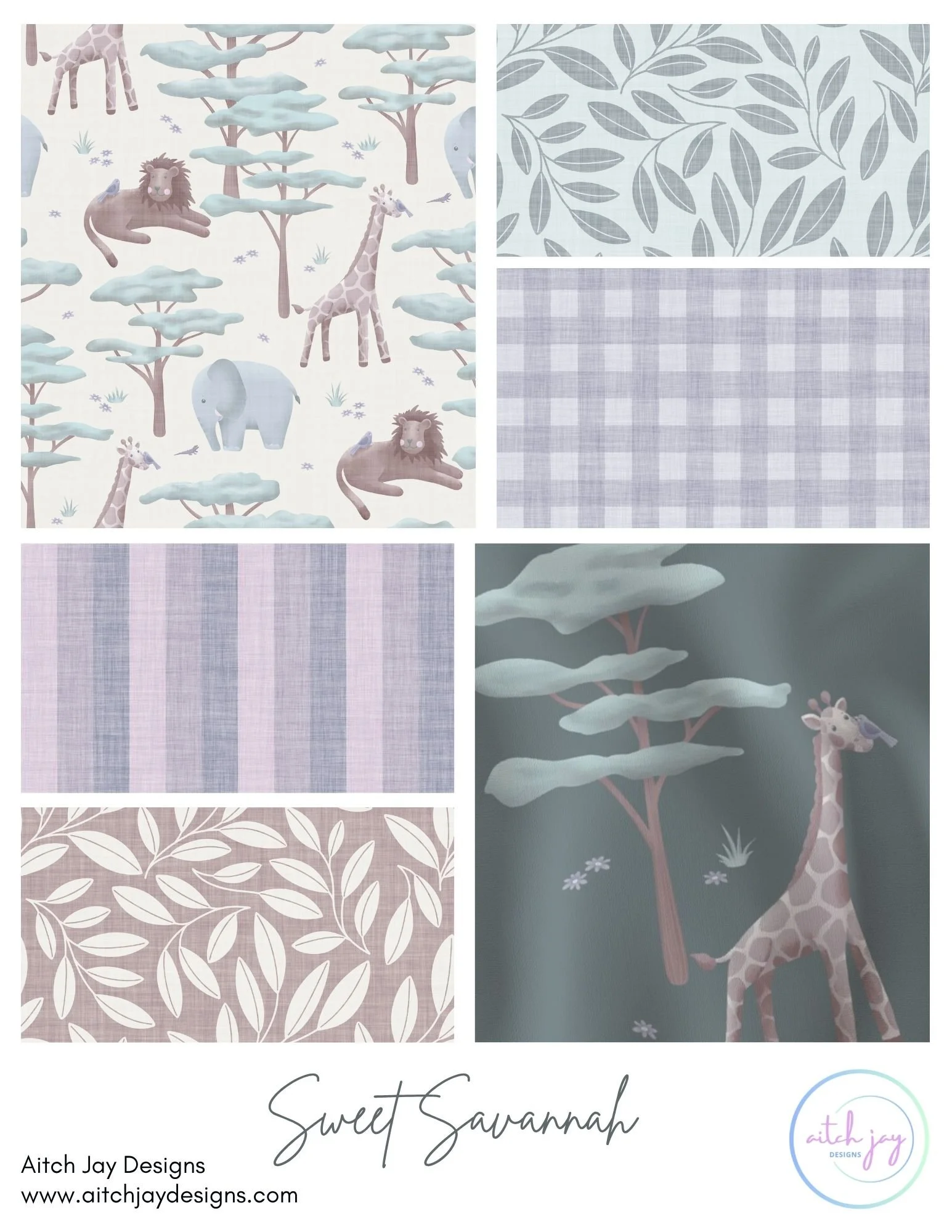 Sweet Savannah Pattern Design Collection -A gentle, storybook‑style collection featuring lions, giraffes and elephants among soft savannah trees, paired with coordinating leaves, plaids and stripes in muted lavender, grey and beige. Perfect for nurse
