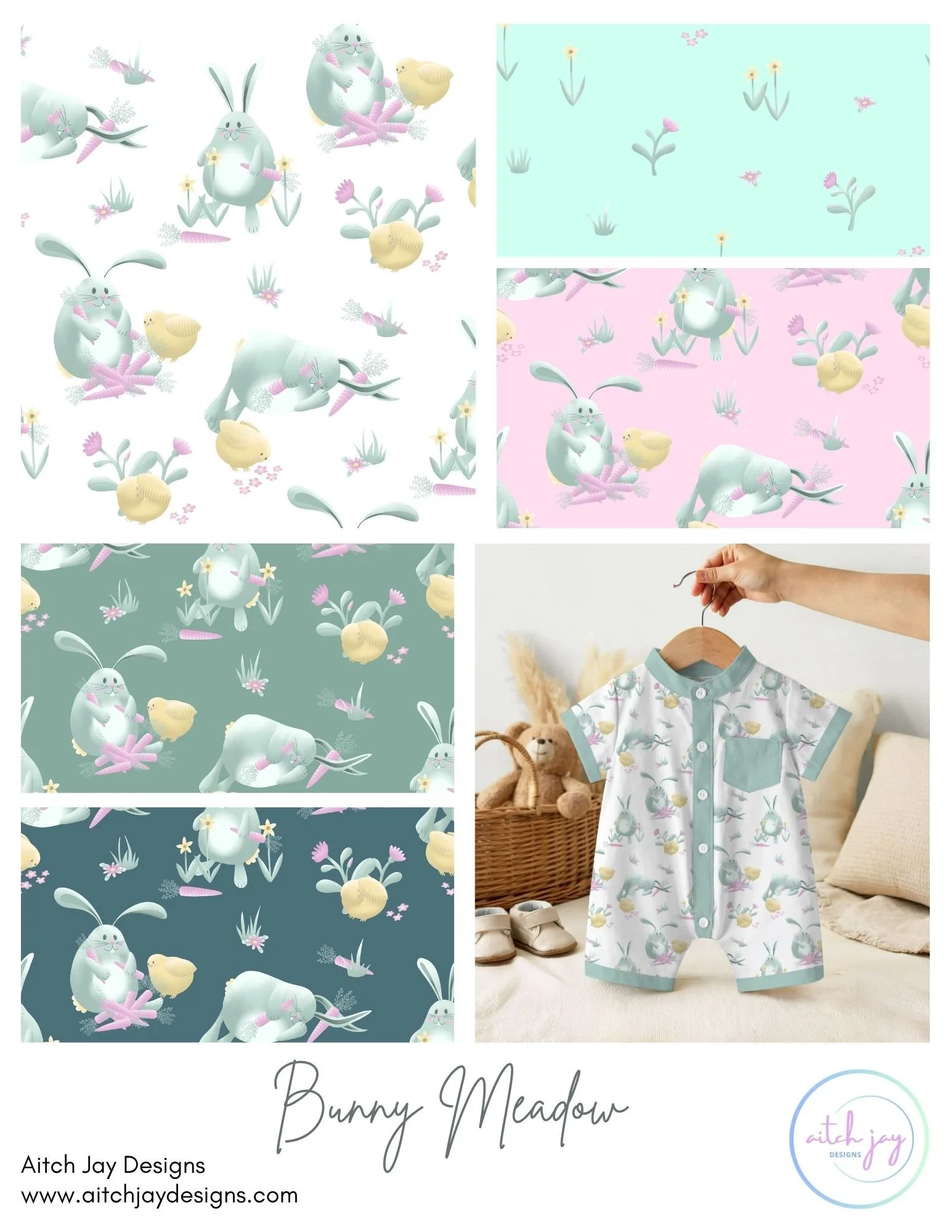 Bunny Meadow Pattern Design Collection -
A sweet, storybook‑inspired collection featuring gentle bunnies, fluffy chicks and spring florals illustrated in soft pastels. Each colourway—mint, pink, white, teal and sage green—brings a fresh, whimsical mo