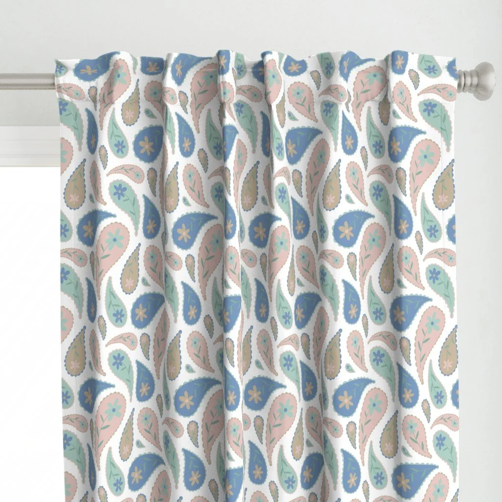 Curtains with white background and soft coastal pastel paisley shapes with cute little daisies