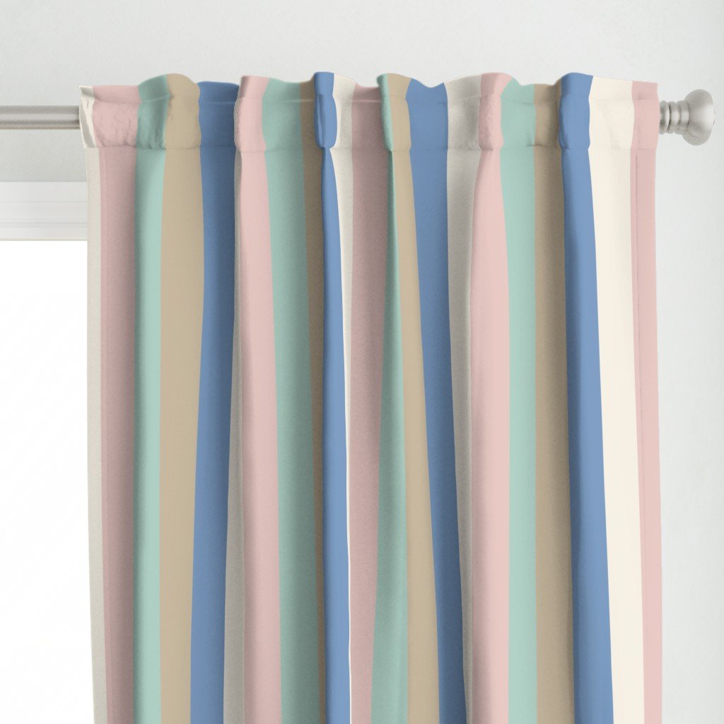 Pastel-colored striped curtain hanging from a curtain rod.