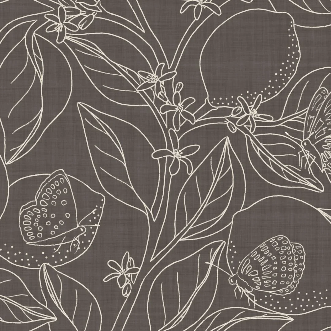 A detailed line‑art pattern of lemons, leaves, flowers, and butterflies drawn in fine white outlines on a dark background, creating an elegant, botanical, nature‑inspired surface.