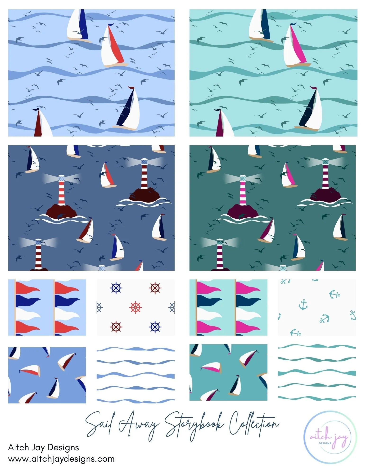 Sail Away Storybook Collection - a whimsical, ocean‑loving series that captures the magic of setting sail on a gentle seaside journey. Hand‑drawn sailboats drift across rolling waves, accompanied by soaring seagulls, cheerful lighthouses, and soft co