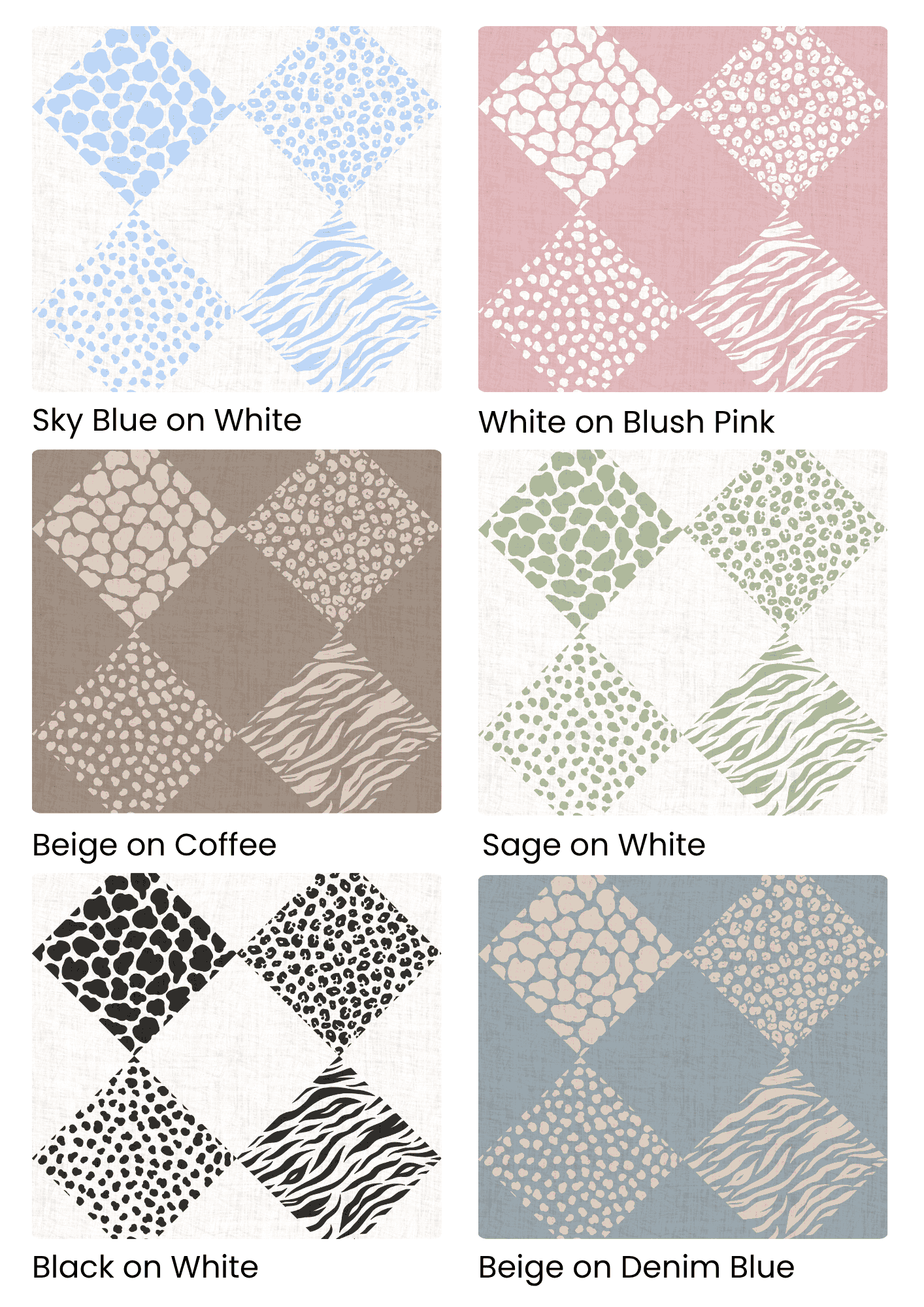A dynamic mix of animal skin motifs rendered in seamless repeats and diverse colorways. Designed for fabric, wallpaper, and soft furnishings. Great for modern nurseries, boho bedrooms, and fashion-forward apparel.