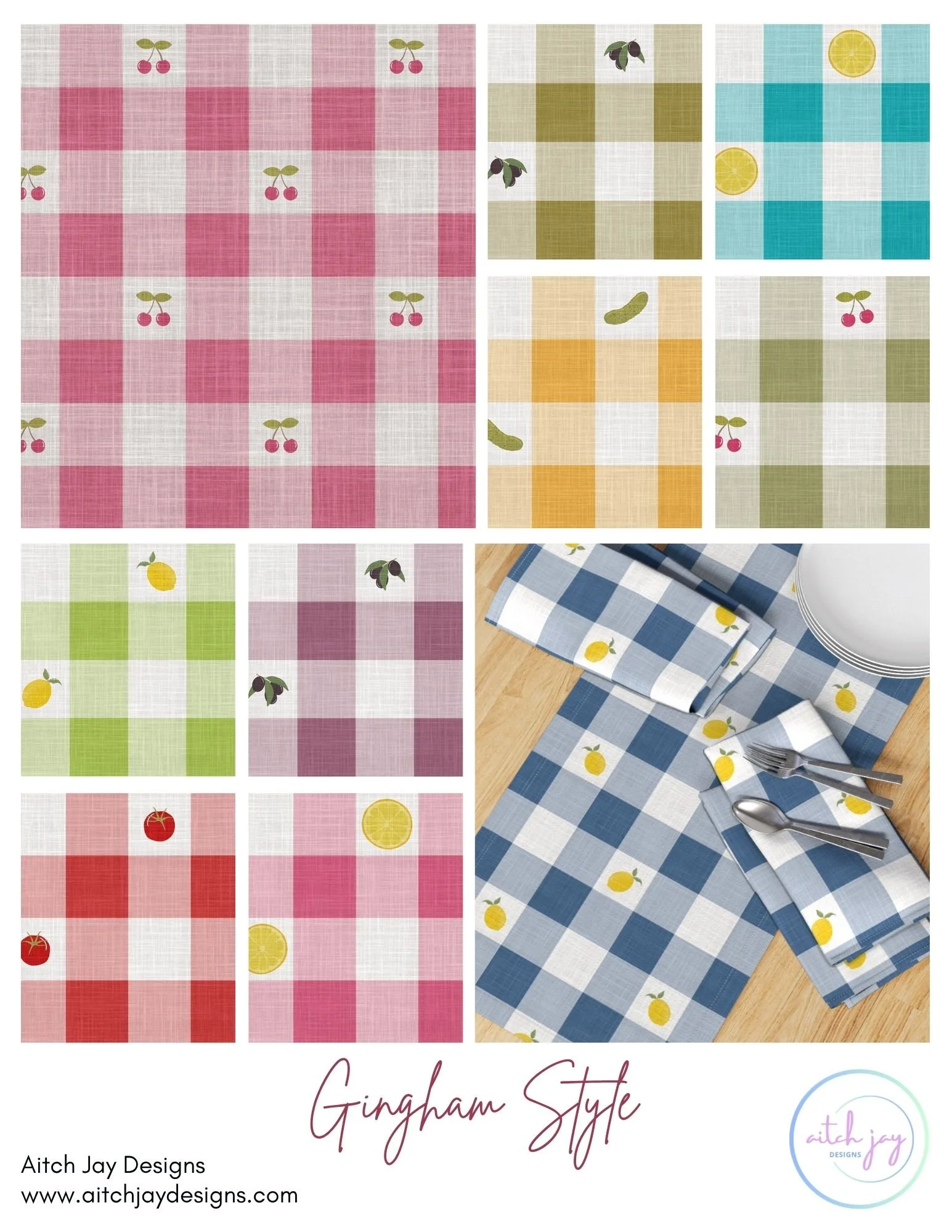 Gingham Style Pattern Design Collection - A bright, playful kitchen‑friendly collection featuring colourful gingham checks paired with charming fruit and vegetable motifs including cherries, lemons, tomatoes, olives and pickles. Each colourway brings