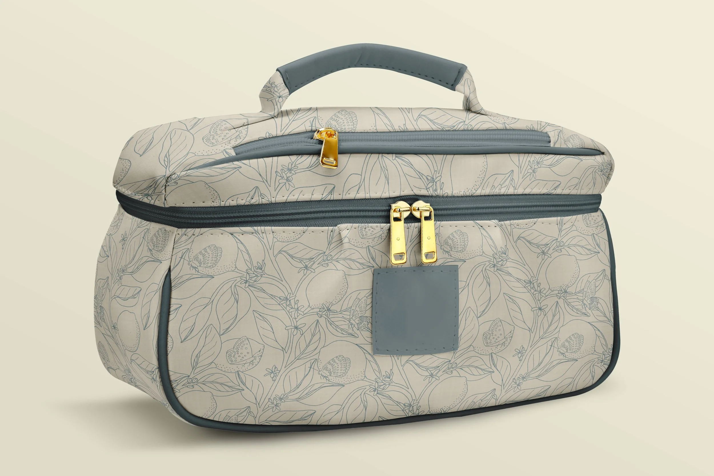 Lemon Tree Grove by Aitch Jay Designs — botanical citrus line art pattern featuring hand‑drawn lemons, leaves and fruit outlines in soft blue‑grey tones on beige, shown on a structured cosmetic bag to highlight the elegant, modern coastal aesthetic.