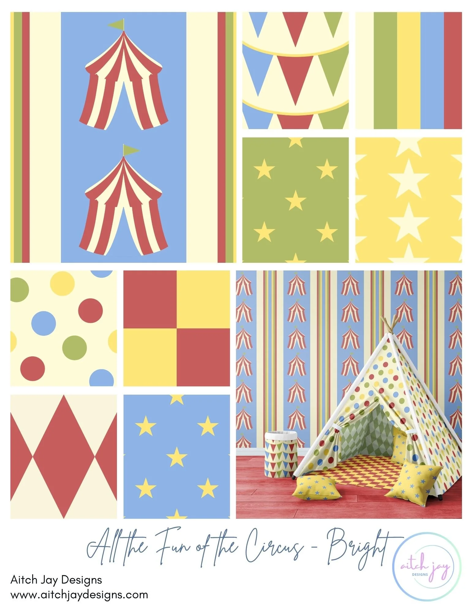 All the Fun of the Circus – Bright - Pattern Design Collection - A vibrant, high‑energy circus collection bursting with bold colour and classic carnival motifs. Featuring circus tents, pennant banners, stars, diamonds, polka dots and checkerboard pat