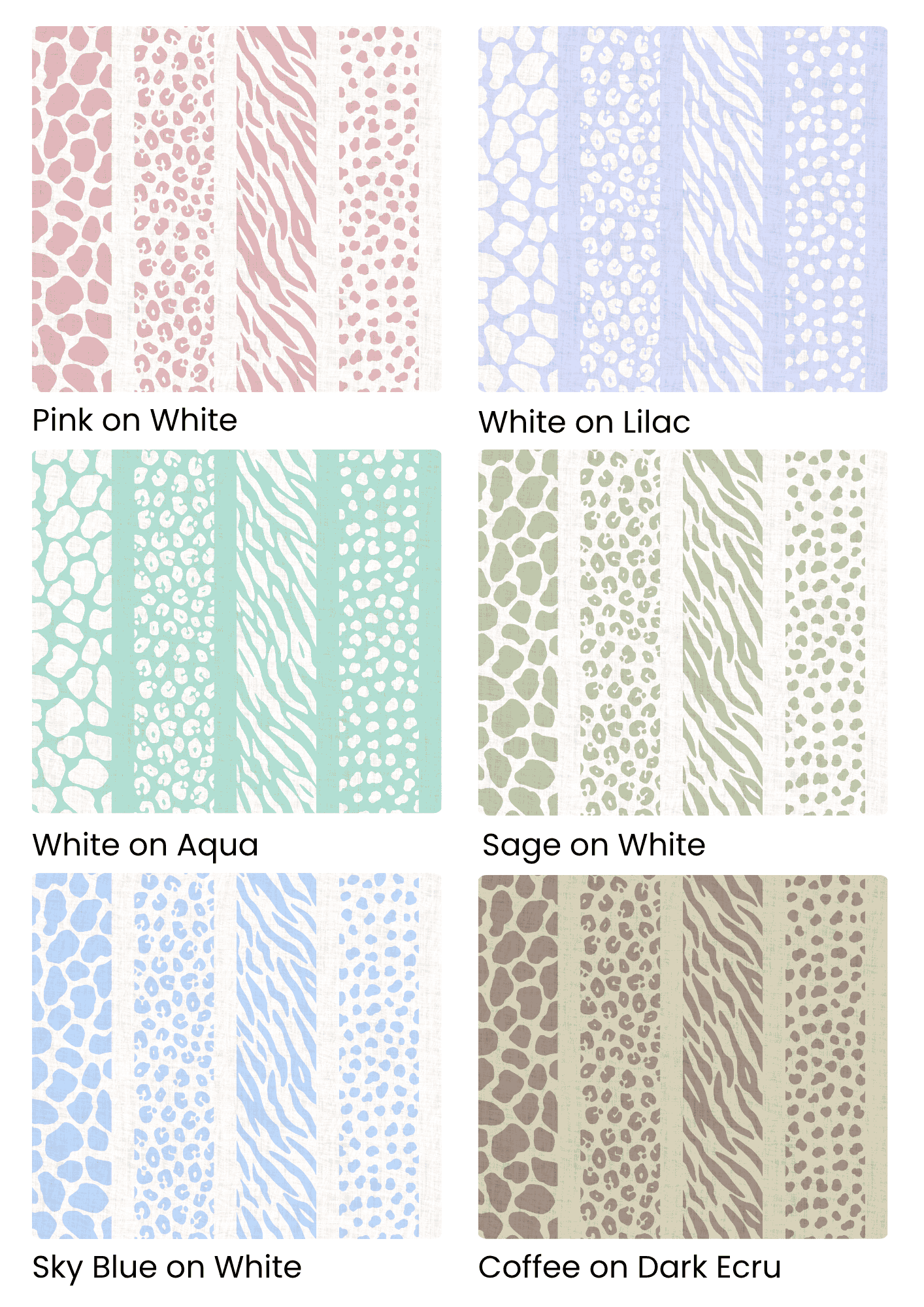 Seamless surface pattern collection featuring giraffe, zebra, leopard, and cheetah prints in a vibrant spectrum of colors. Ideal for statement wallpaper, upholstery, and bedding. Perfect for eclectic interiors, fashion textiles, and maximalist décor.