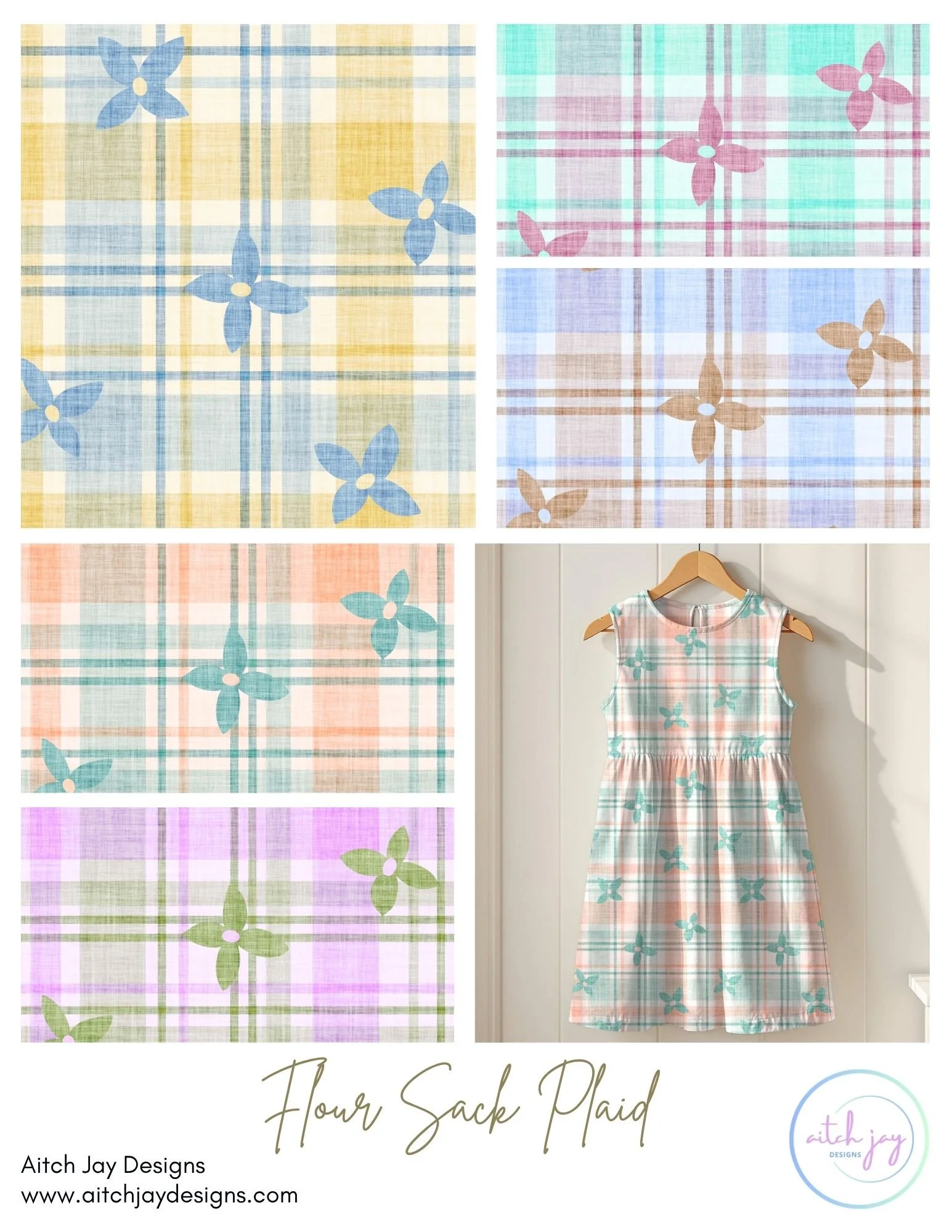 Flour Sack Plaid Pattern Design Collection - A charming, vintage‑inspired collection blending classic flour‑sack nostalgia with modern colour trends. Each design features a soft plaid base overlaid with scattered four‑petaled florals, offered in a ra