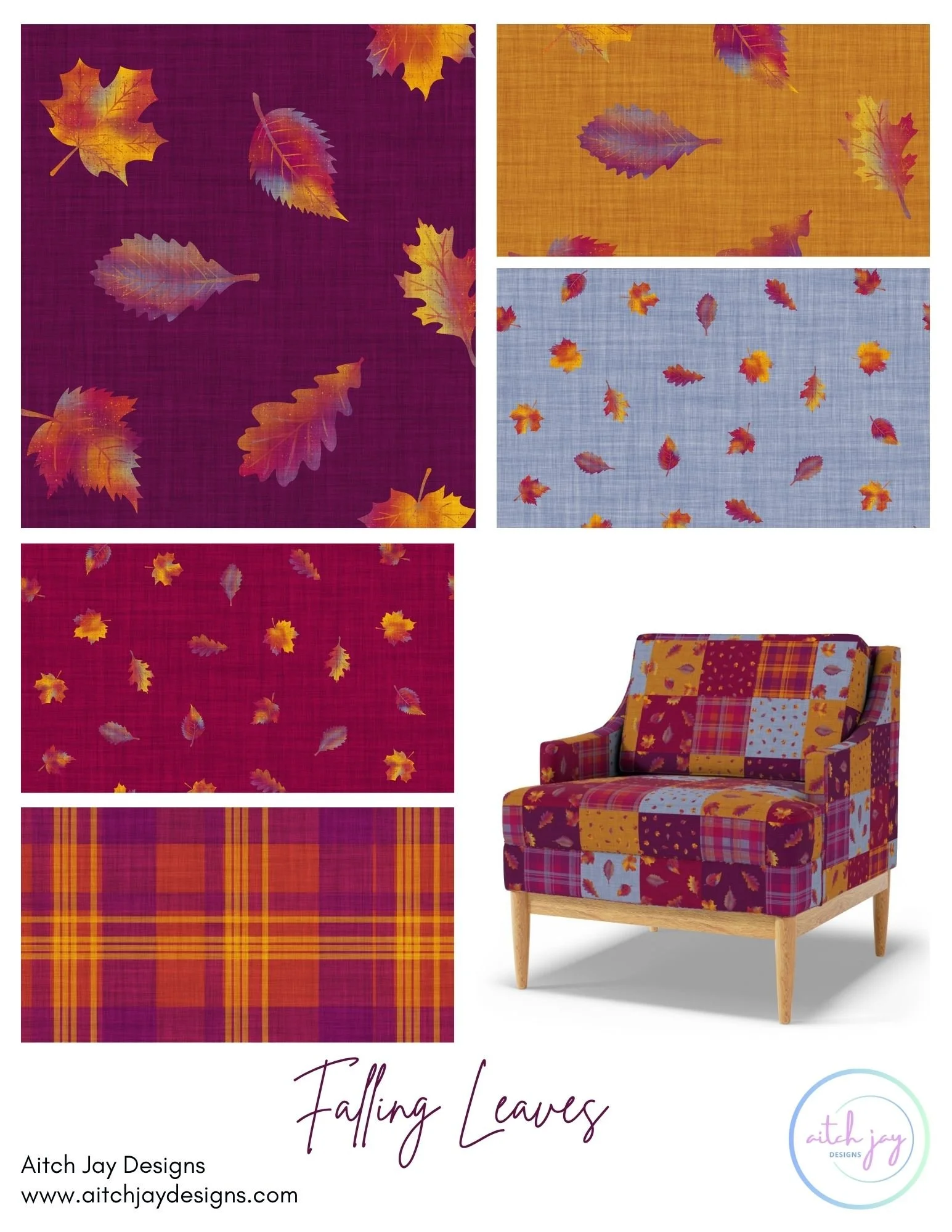 Falling Leaves Pattern Design Collection - A warm, autumn‑inspired fabric collection featuring falling leaves, seasonal foliage and coordinating plaids in rich burgundy, mustard, pumpkin, soft blue and warm neutrals. Perfect for cosy home décor, fall