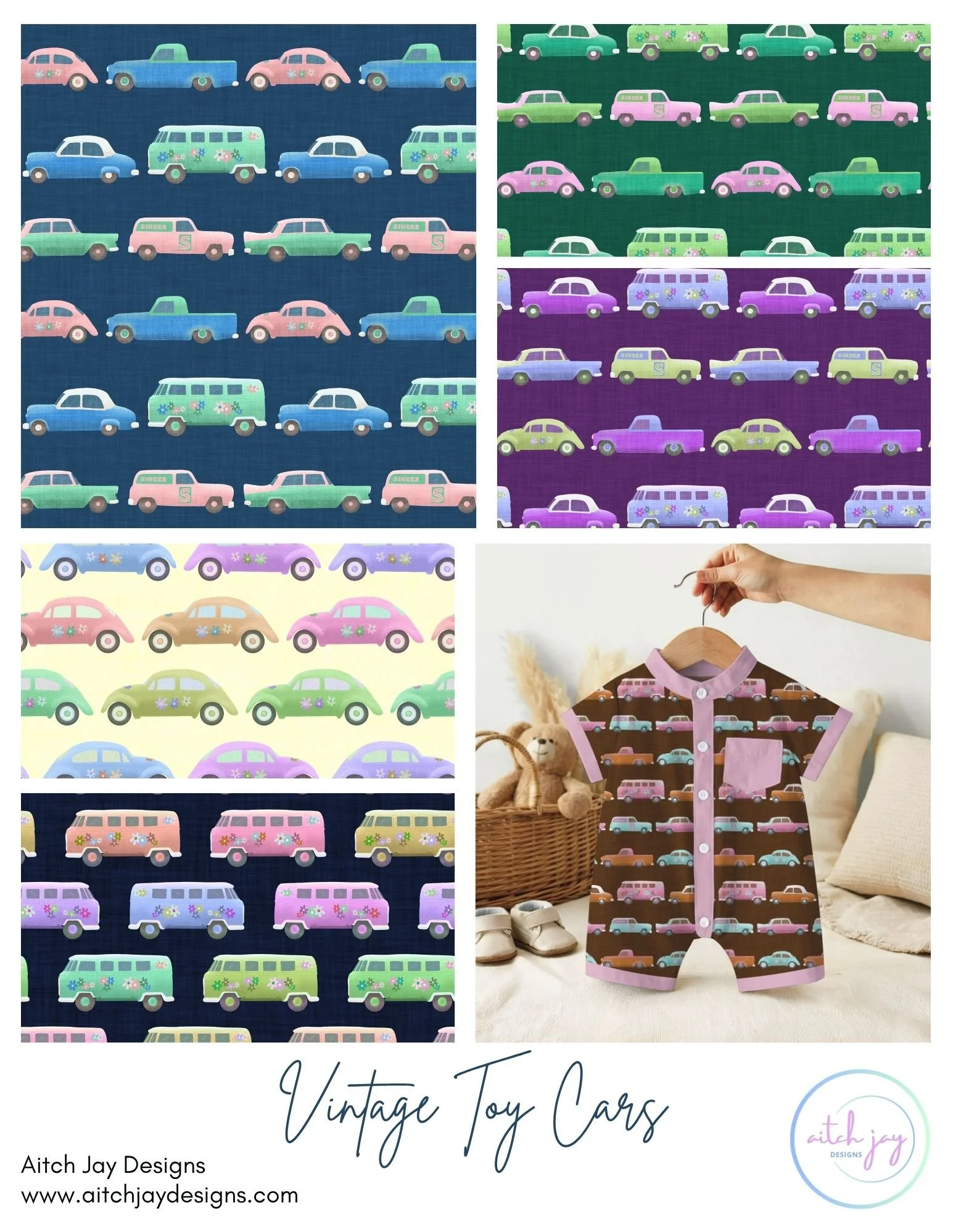 Vintage Toy Cars Pattern Design Collection - A nostalgic, playful collection inspired by retro toy cars and vans in cheerful pastel palettes. Rows of colourful vehicles—decorated with flowers, letters and vintage details—sit against bold and pastel b