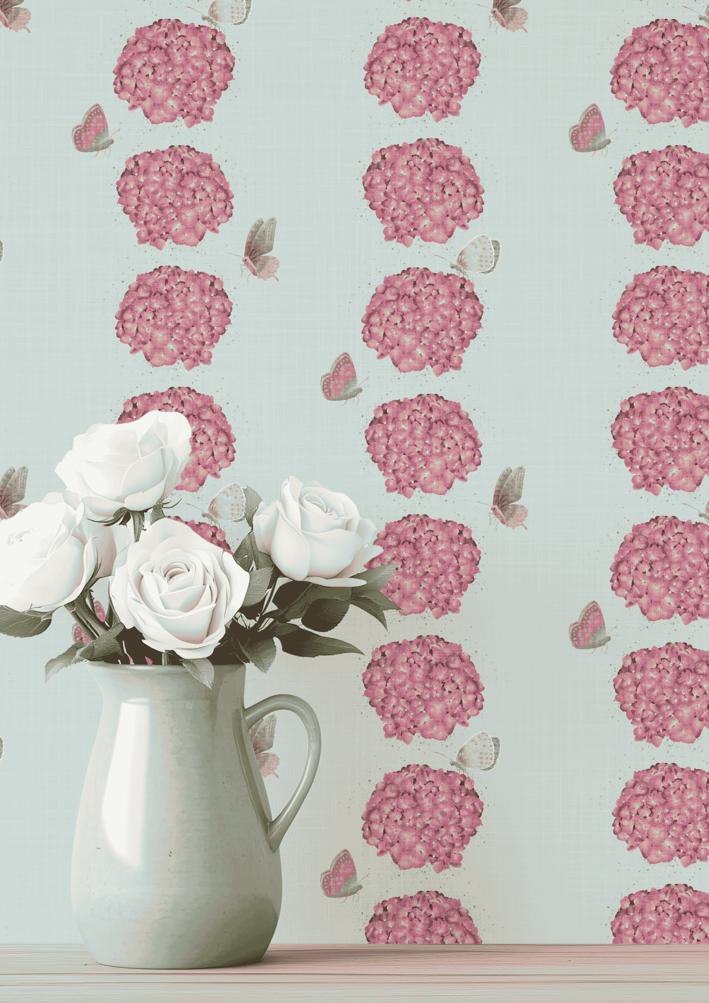 Vertical repeat pattern of pink hydrangea blooms with butterflies and botanical leaves on a pastel background. Ideal for wallpaper, nursery décor, and romantic interiors. Seamless design for cottagecore, shabby chic, and feminine home styling.