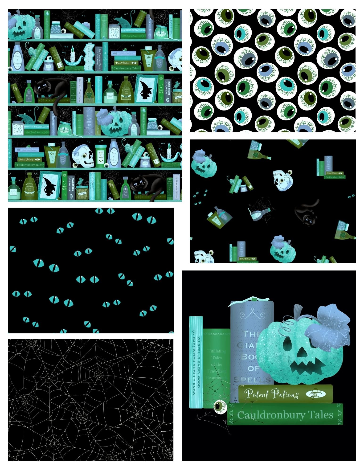 A digital collage with a Halloween theme consisting of four quadrants. The top left shows a decorated bookshelf with potions, a black cat, skulls, candles, and books. The top right contains a pattern of green and blue eyes against a black background. The bottom left is a close-up of a web pattern, and the bottom right depicts scattered potion bottles, skulls, and books among eerie decorations.