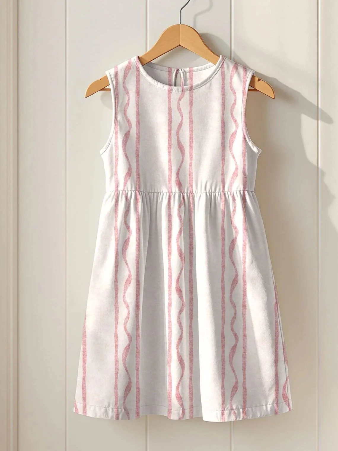 White sleeveless dress with pink wavy vertical stripes hanging on a wooden hanger.