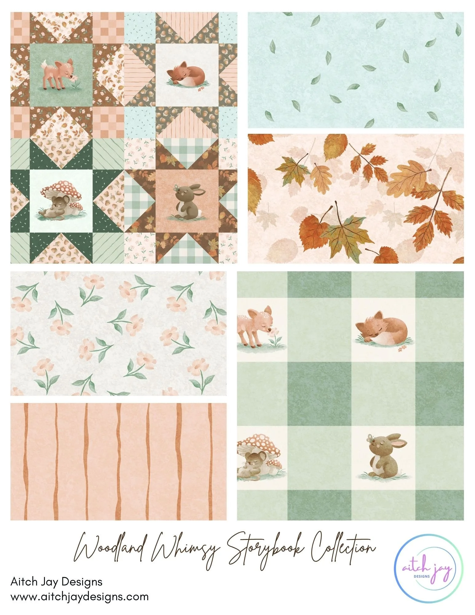 Woodland Whimsy Storybook Collection – A warm, imaginative woodland series that brings gentle forest magic to life through soft colours, sweet animal characters, and cozy storybook details. Hand‑drawn woodland friends appear against textured gingham 