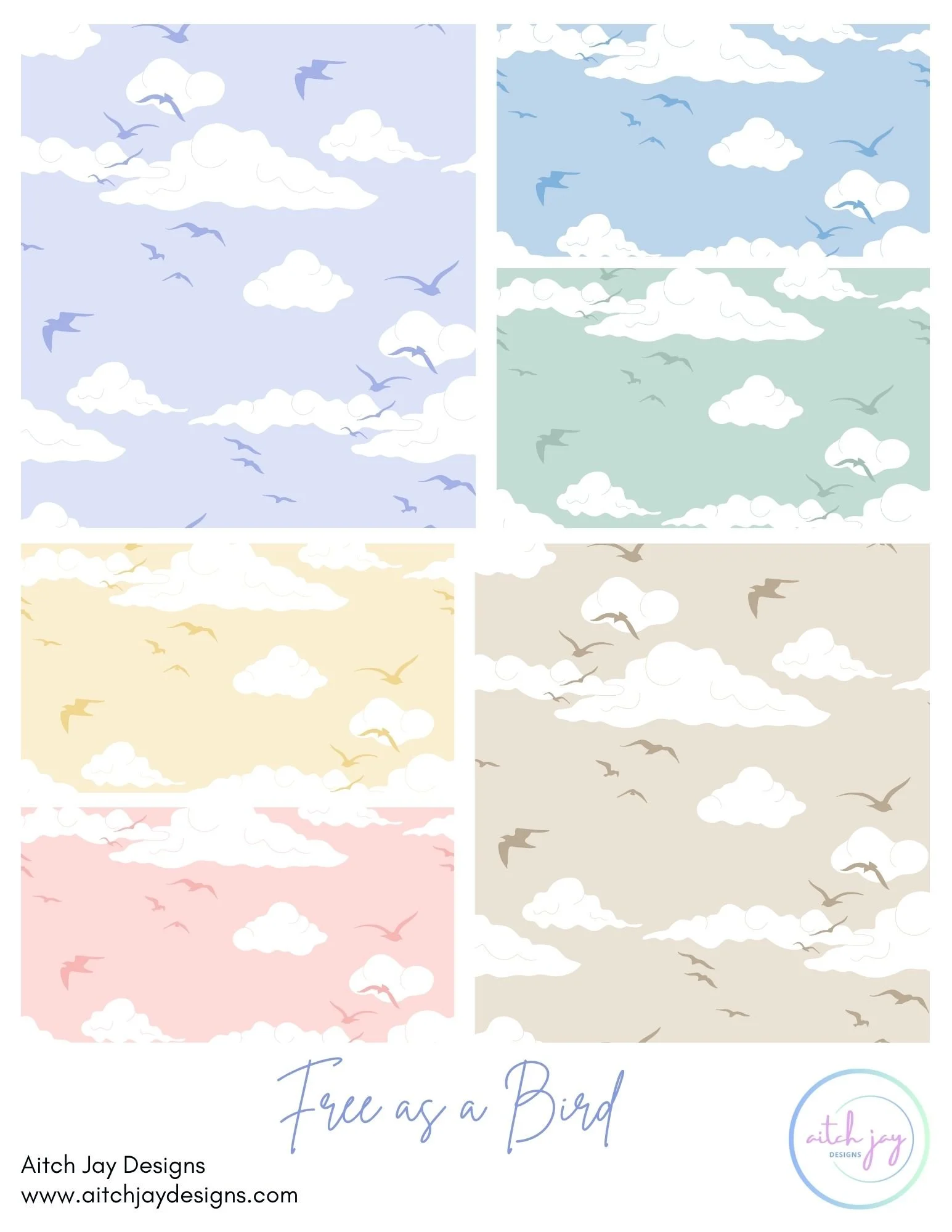 Free as a Bird Pattern Design Collection - A serene sky‑themed collection featuring soft clouds and flying birds across pastel and muted colourways including blue, green, yellow, beige and blush. The gentle, airy mood suits nurseries, bedrooms, calmi