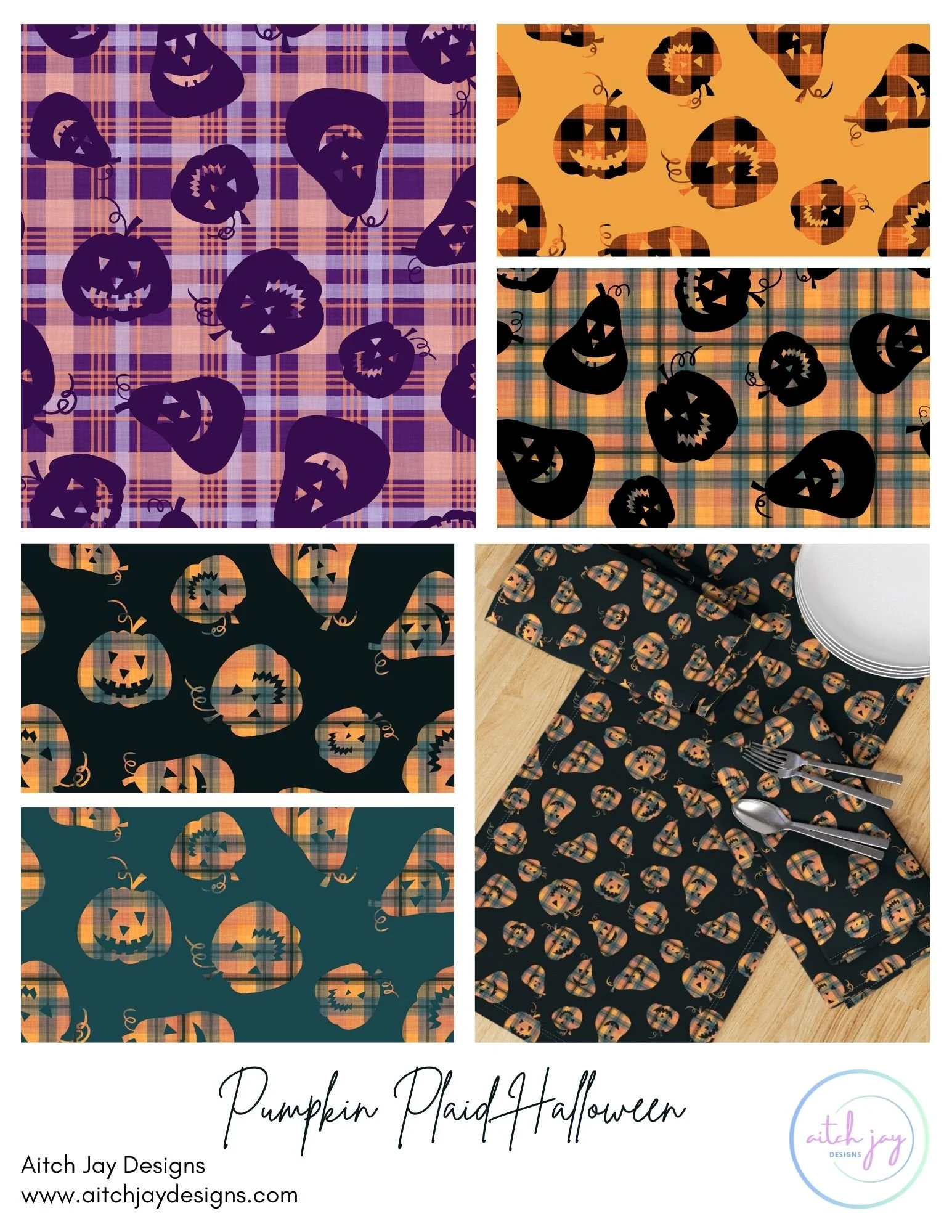 Pumpkin Plaid Pattern Design Collection – A playful Halloween collection combining bold plaid textures with charming pumpkin and gourd motifs in a warm autumn palette of orange, black, teal and cream. Pumpkin Plaid blends classic fall checks with car