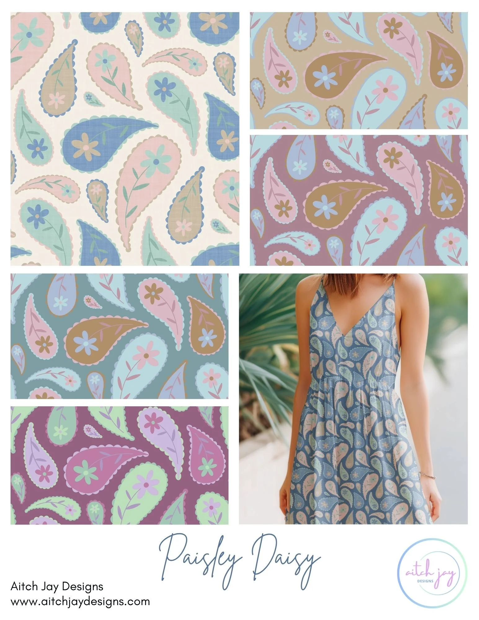 Paisley Daisy Pattern Design Collection - A joyful fusion of classic paisley motifs and cheerful daisy florals, offered in a range of soft pastel and earthy palettes including blue, pink, green, tan and purple. This versatile collection suits apparel