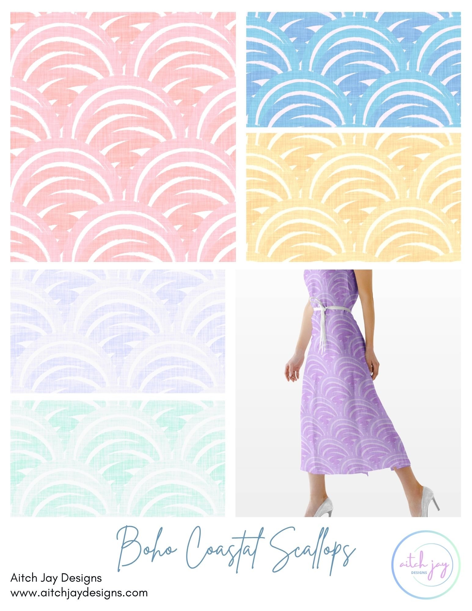 Boho Coastal Scallops Pattern Design Collection - A soft, coastal‑inspired collection featuring overlapping scallop motifs in pastel pink, blue, yellow, lavender and mint on textured linen‑style backgrounds. The flowing curves evoke ocean waves and s
